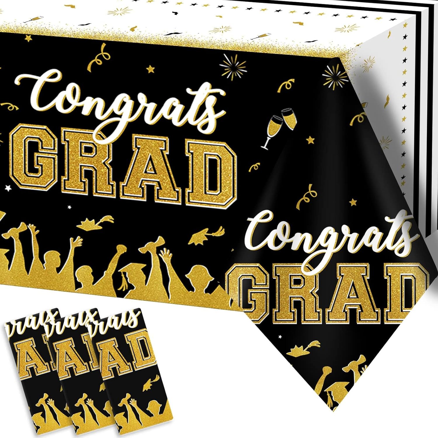 Chiazllta 3 Piece Black Gold Graduation Tablecloths