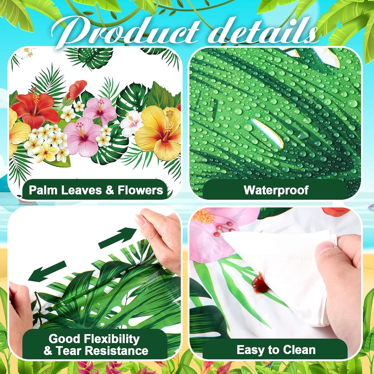 Tatuo 3 Pcs Plastic Hawaiian Tablecloths Green Summer Party Decorations
