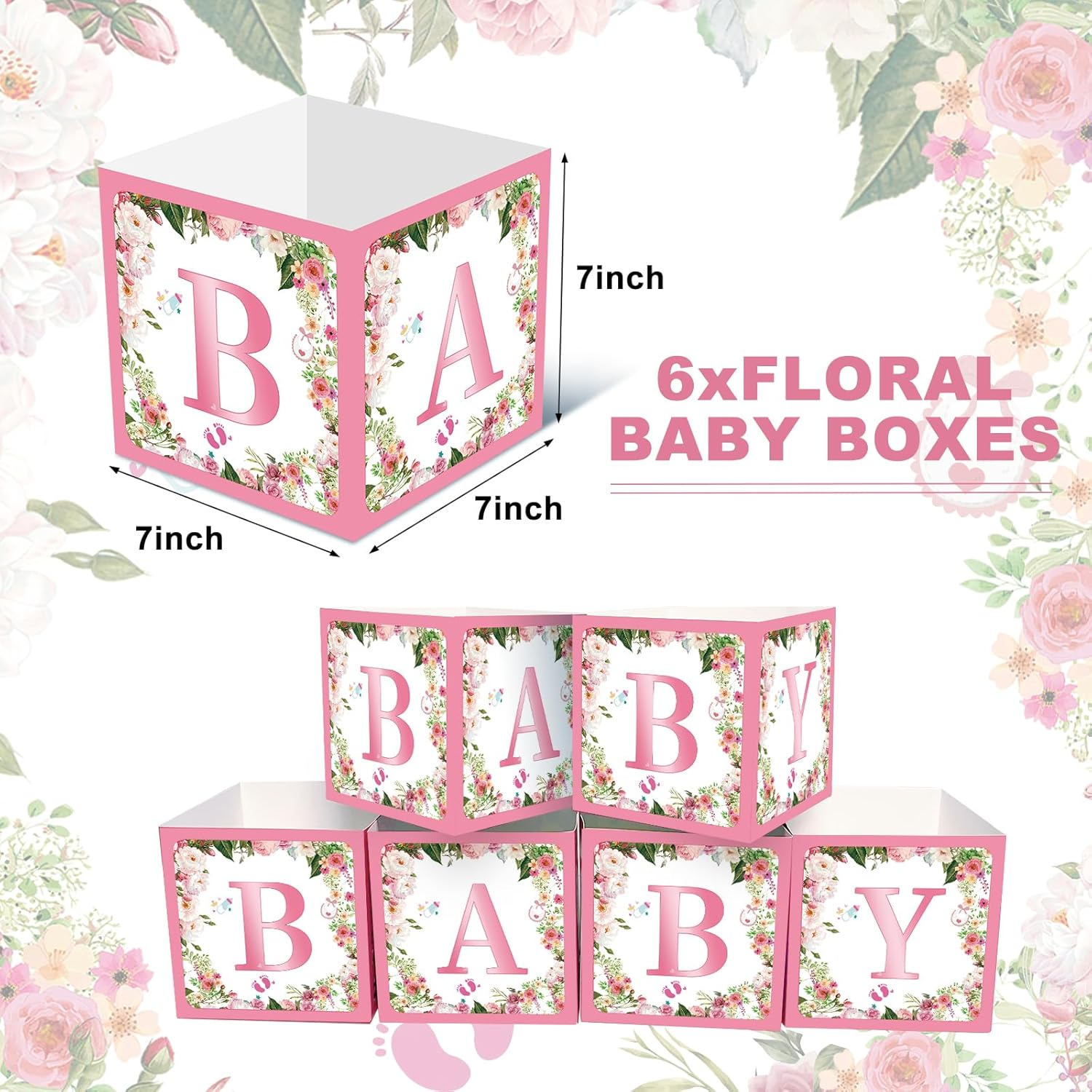6 Pack 7x7x7 Inch Pink Floral Baby Shower Centerpieces
