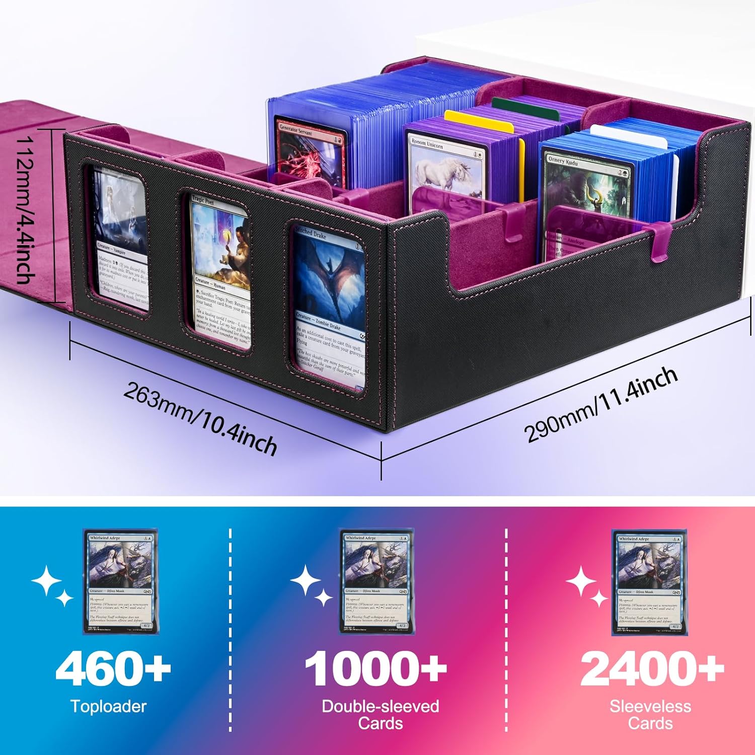 UAONO Card Storage Box with Display Window and 10 Dividers - Black Purple