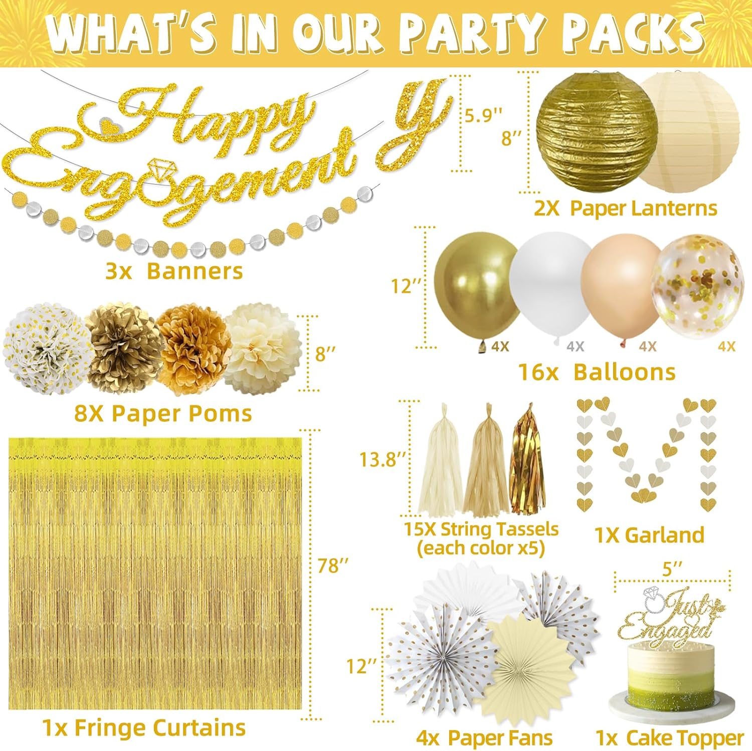 Gold Engagement Party Decorations with Happy Banner and Lanterns