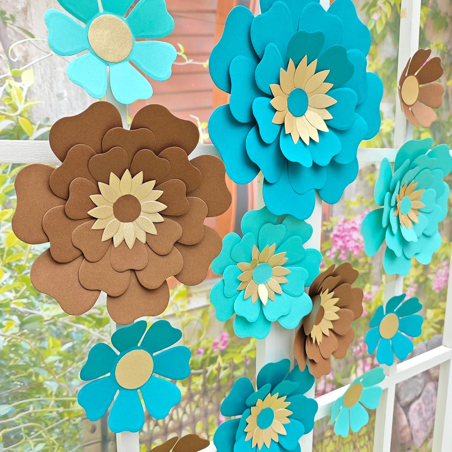 Turquoise Chocolate Paper Flowers Set of 12 for Decor