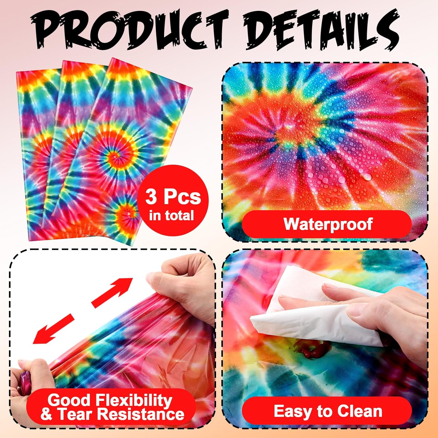 Newwiee Tie Dye Rainbow Tablecloth 54x108 Inch 3 Pcs