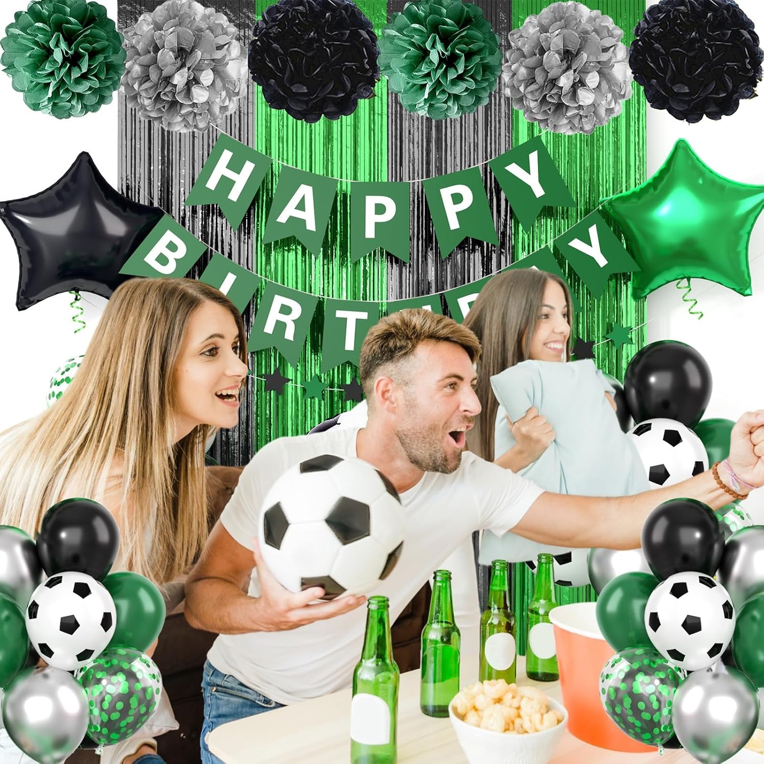 Soccer Party Decor Set Green Black Balloons and Tissue Poms