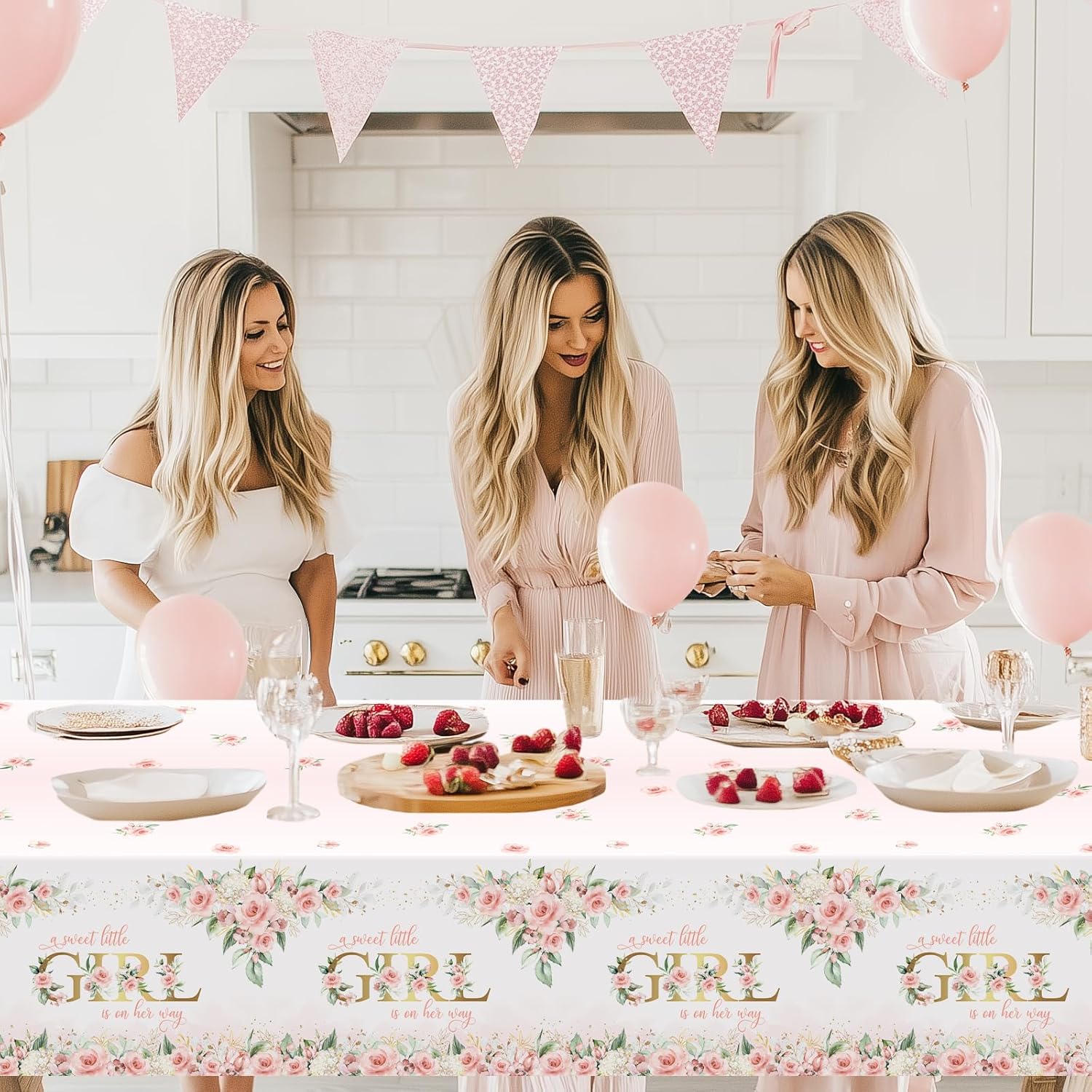 Avezano 3 Pcs Pink Floral Baby Shower Tablecloth 108x54 Inch