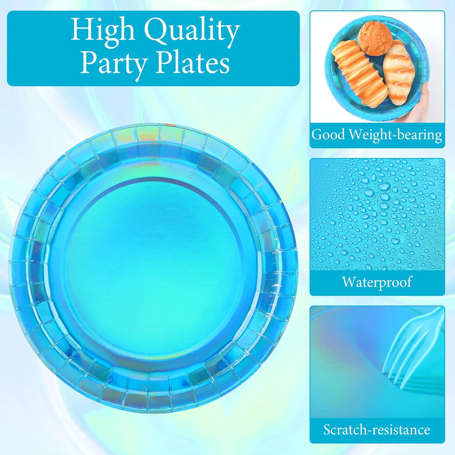 100 Pcs Iridescent Blue Plates and Napkins Party Set