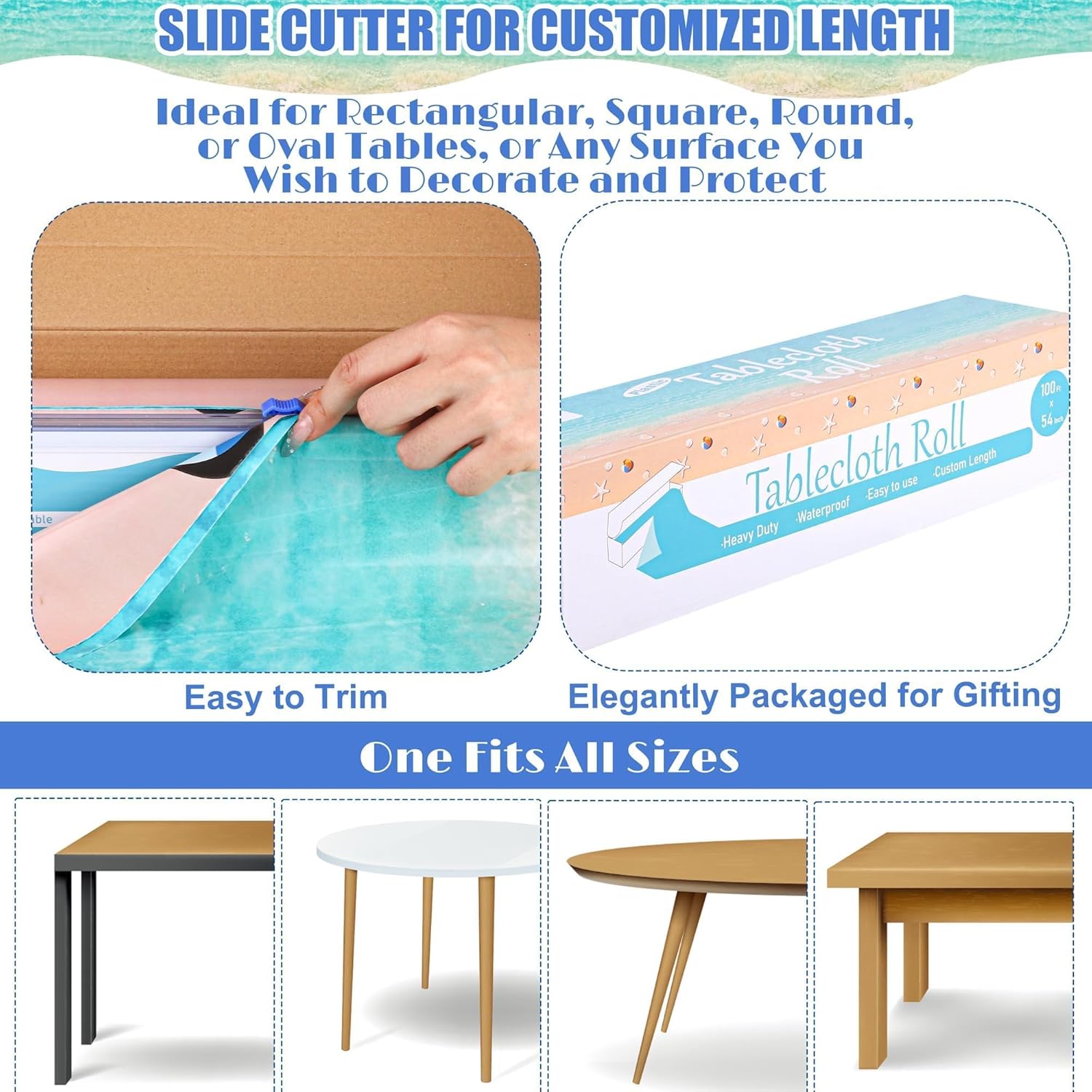 Summer Beach Tablecloth Roll with Cutter Box 100ft x 54in