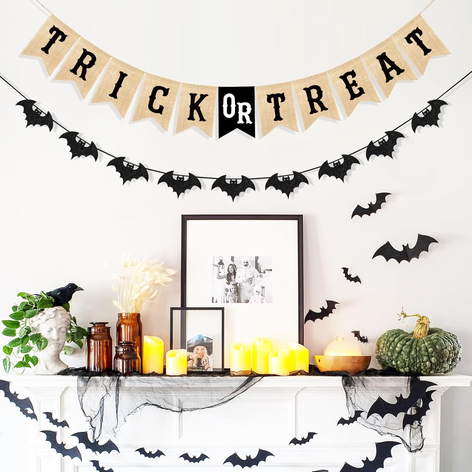 Uniwish Halloween Burlap Glitter Bat Decor Banners