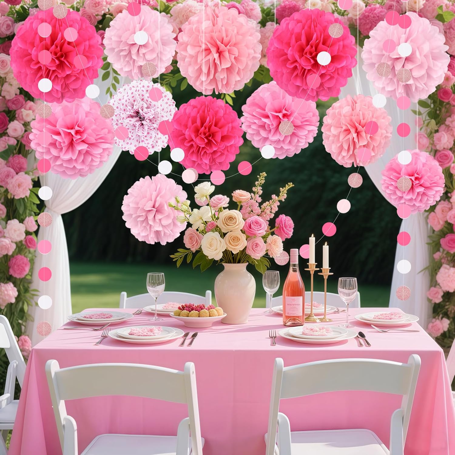 Pink Tissue Paper Pom Poms Garland 16PCS