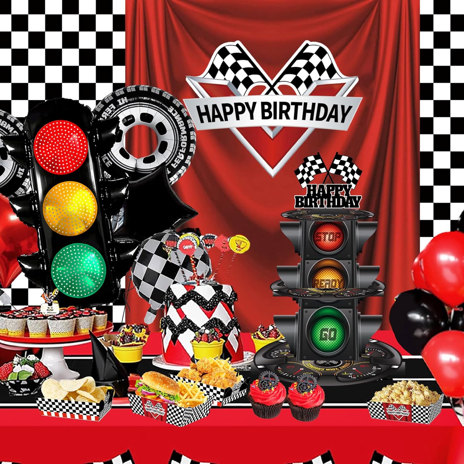 7Pcs Race Car Party Balloon Set with Traffic Light and Checkered Balloons
