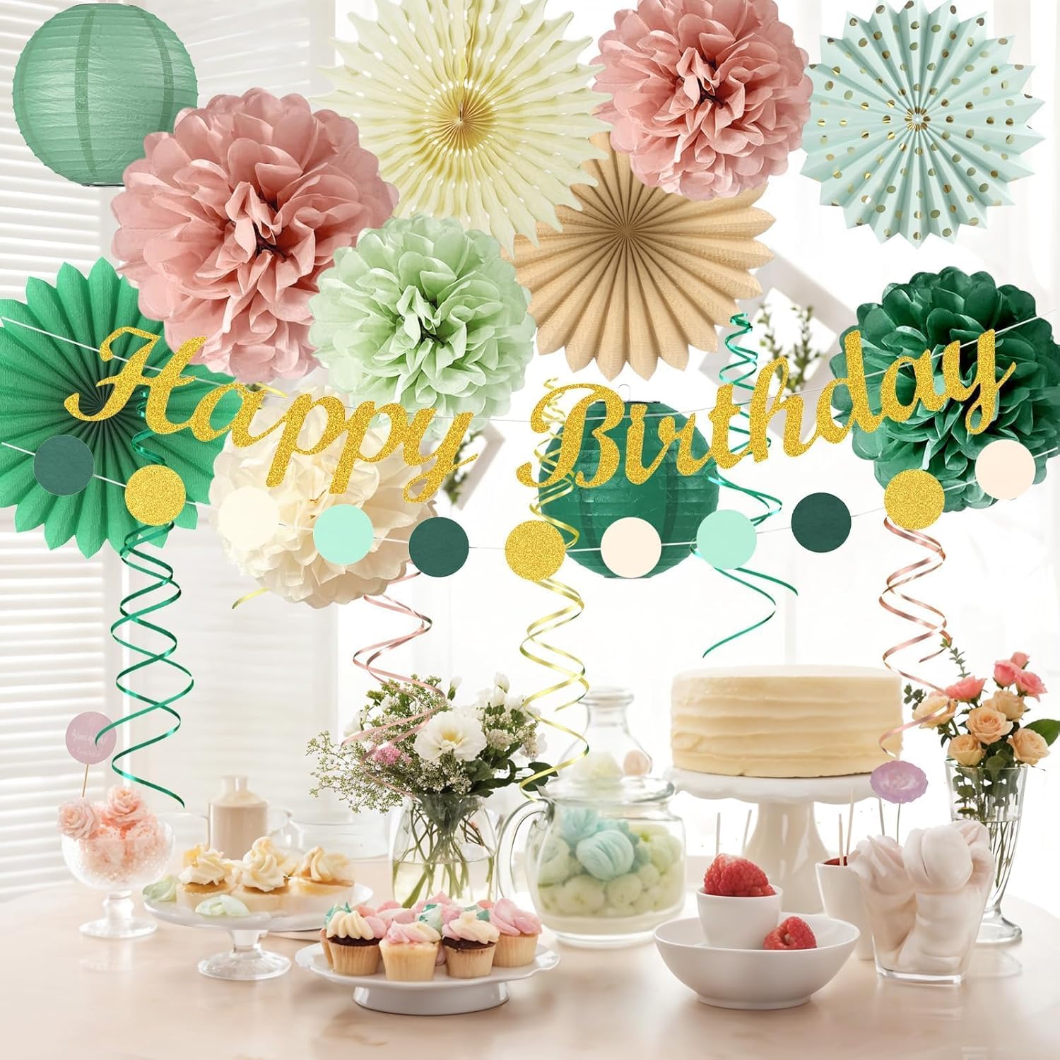 FunHot Sage Green and Dusty Pink Party Decorations Set