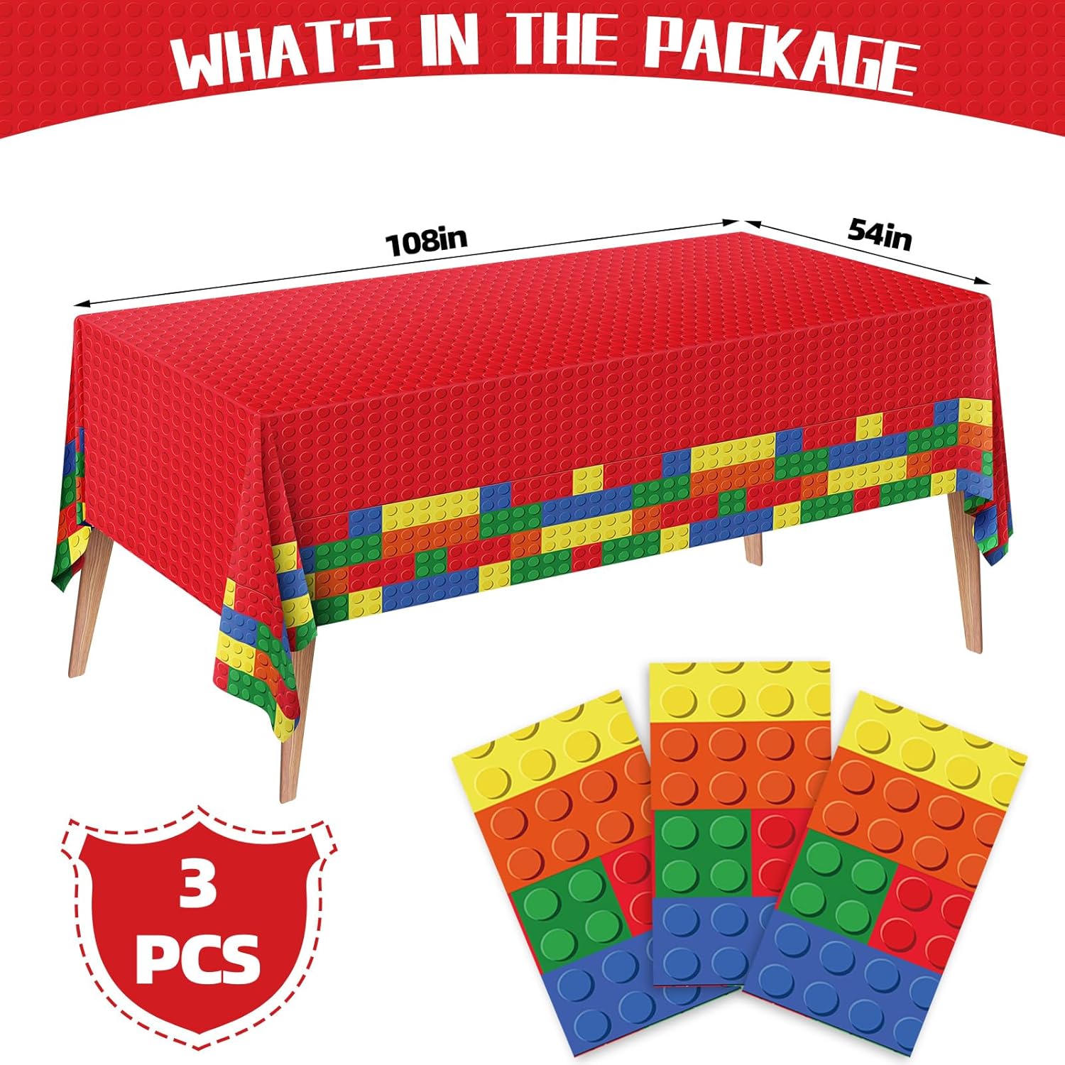 3PCS Building Block Tablecloths 54x108 Inches Durable Plastic Party Decor