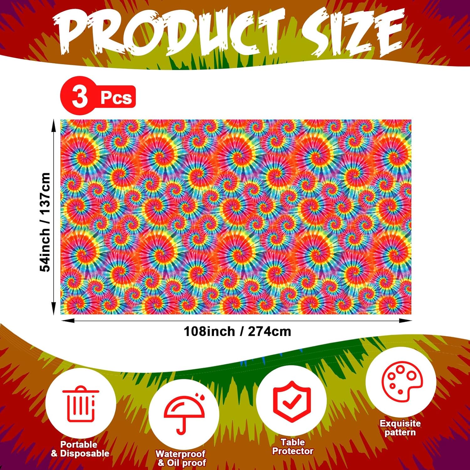 Newwiee Tie Dye Rainbow Tablecloth 54x108 Inch 3 Pcs
