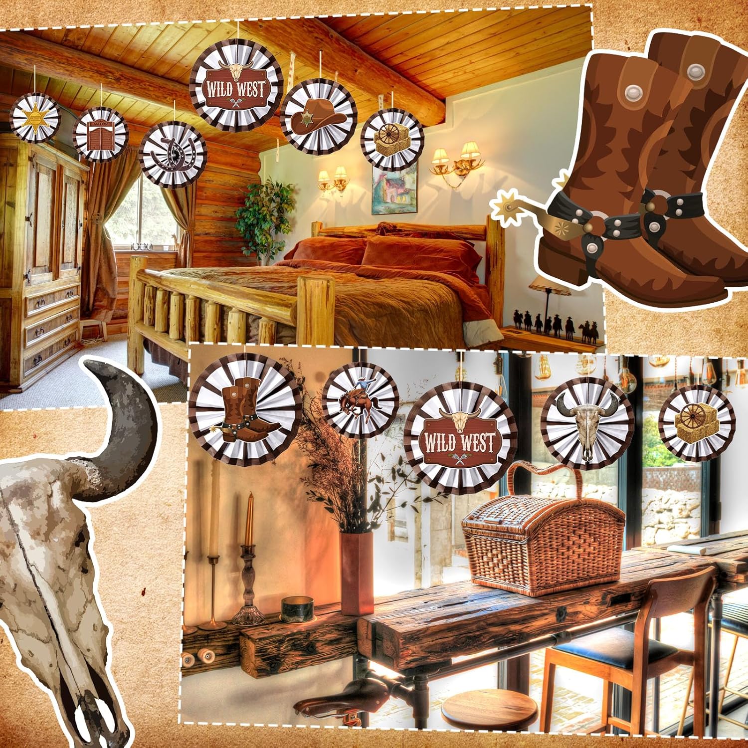 18 Pack Wild Western Decorations Fans and Wagon Wheels Set