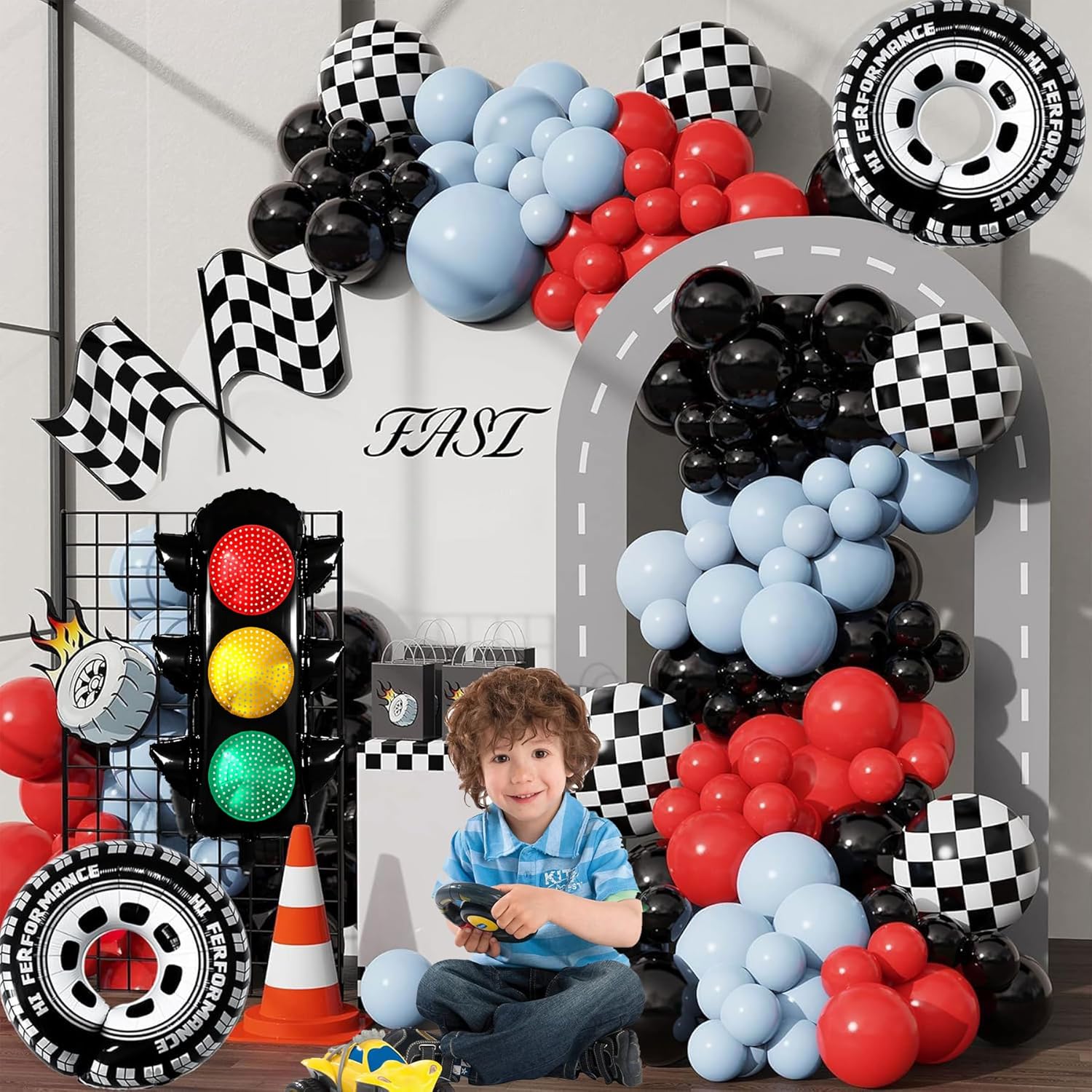 7Pcs Race Car Party Balloon Set with Traffic Light and Checkered Balloons