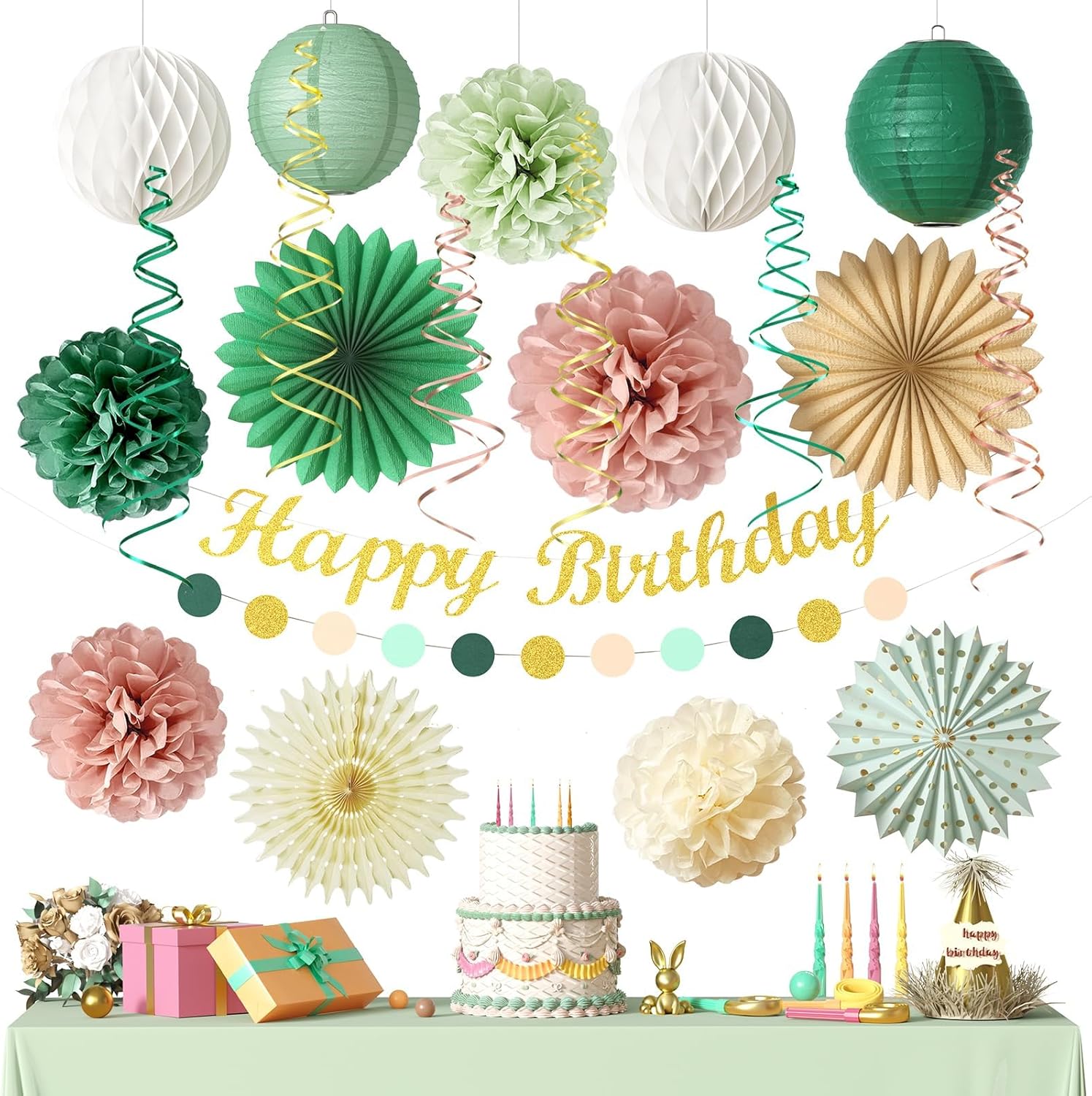 FunHot Sage Green and Dusty Pink Party Decorations Set