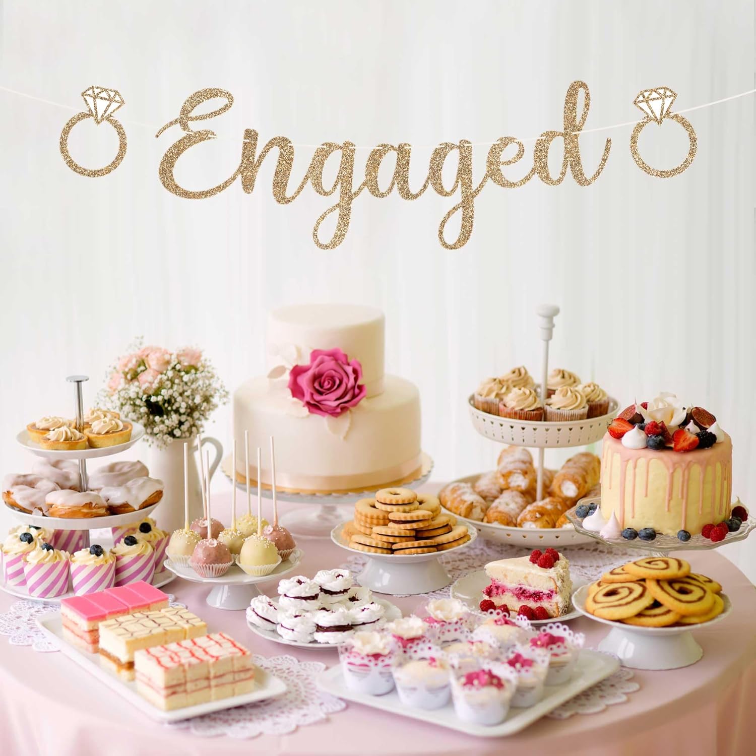 Pre-Strung Gold Glitter Engagement Banner - Happy Wedding Party Decor