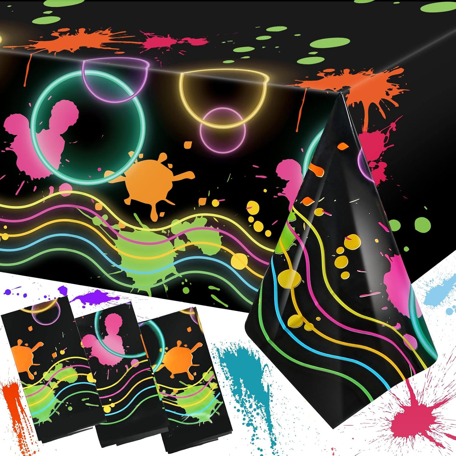 Tatuo 3 Pcs Neon Tablecloths 54x108 Inches Glow in the Dark Party Covers