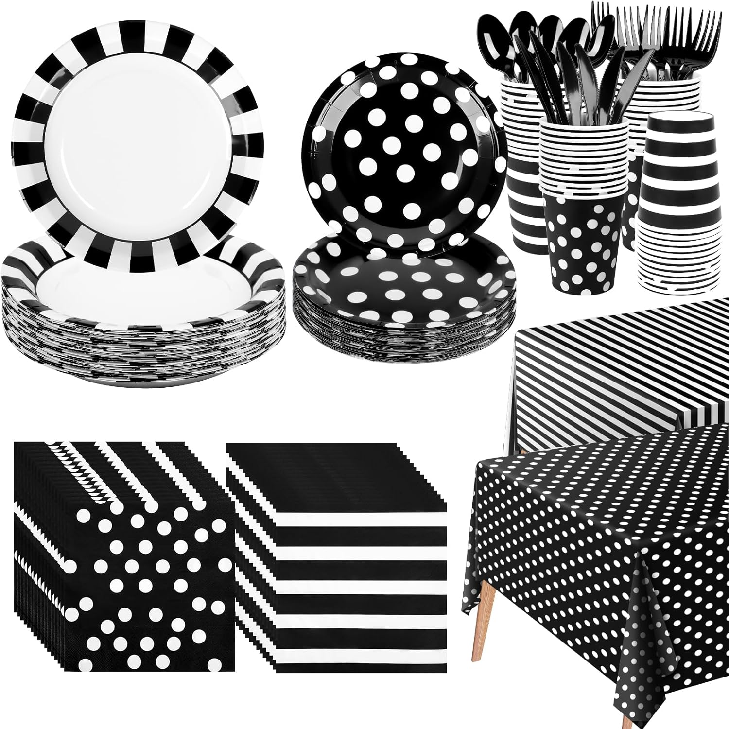 170 Pieces Black and White Party Supplies Set for 24 Guests