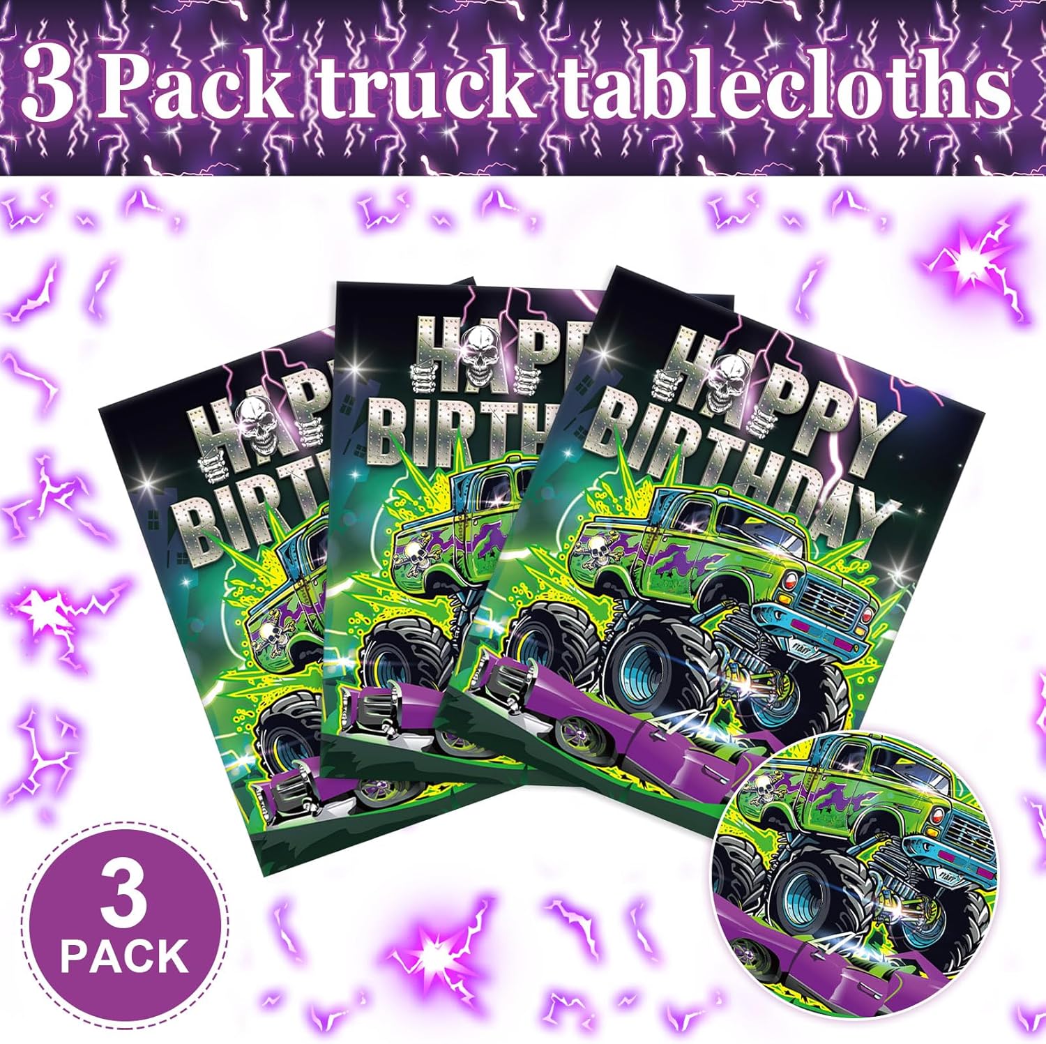 3 Monster Truck Birthday Tablecloths 54x108 Inch Party Covers