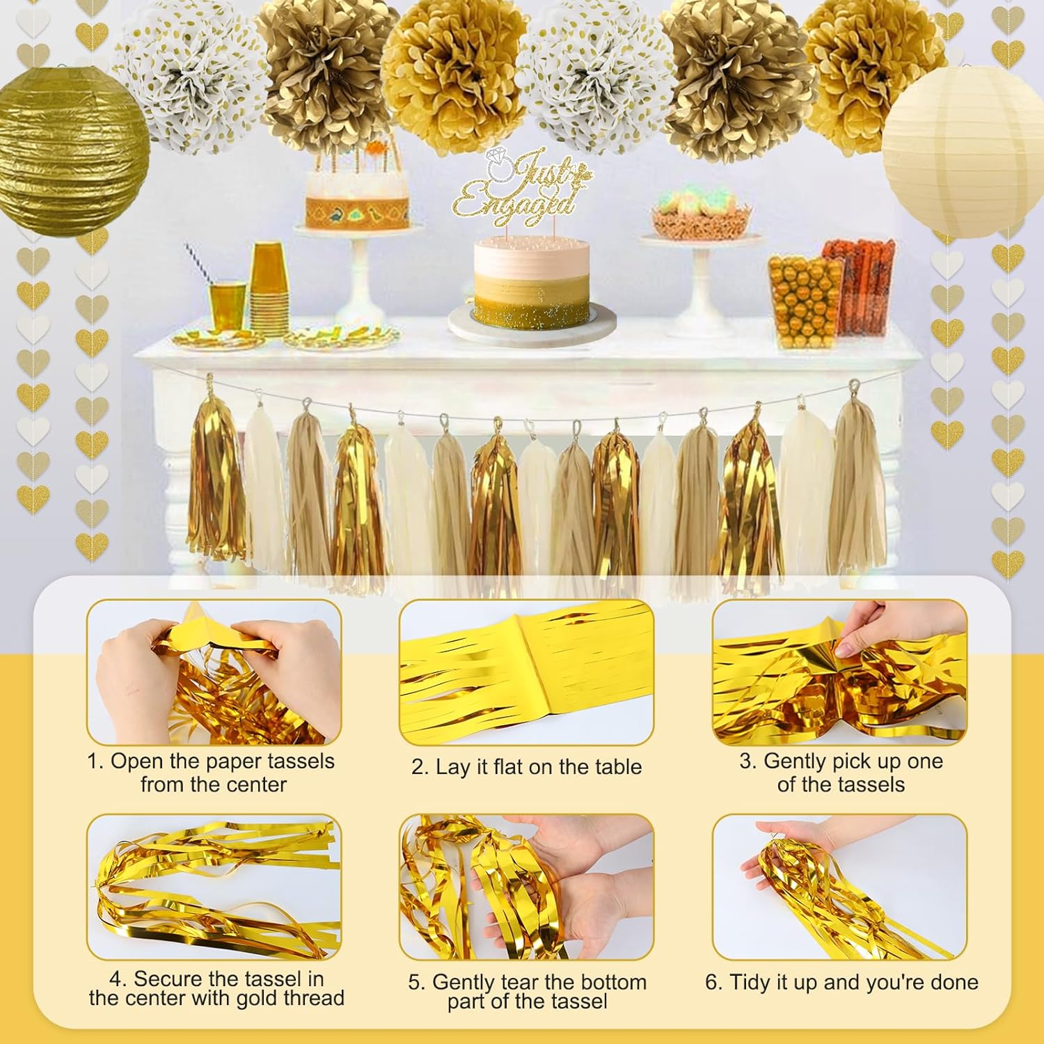 Gold Engagement Party Decorations with Happy Banner and Lanterns