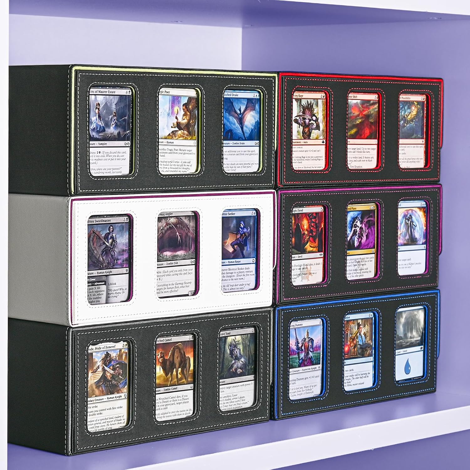 UAONO Card Storage Box with Display Window and 10 Dividers - Black Purple