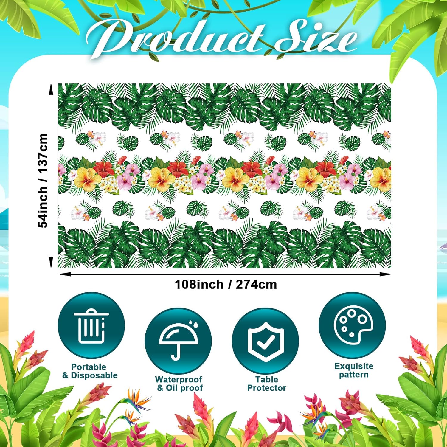 Tatuo 3 Pcs Plastic Hawaiian Tablecloths Green Summer Party Decorations