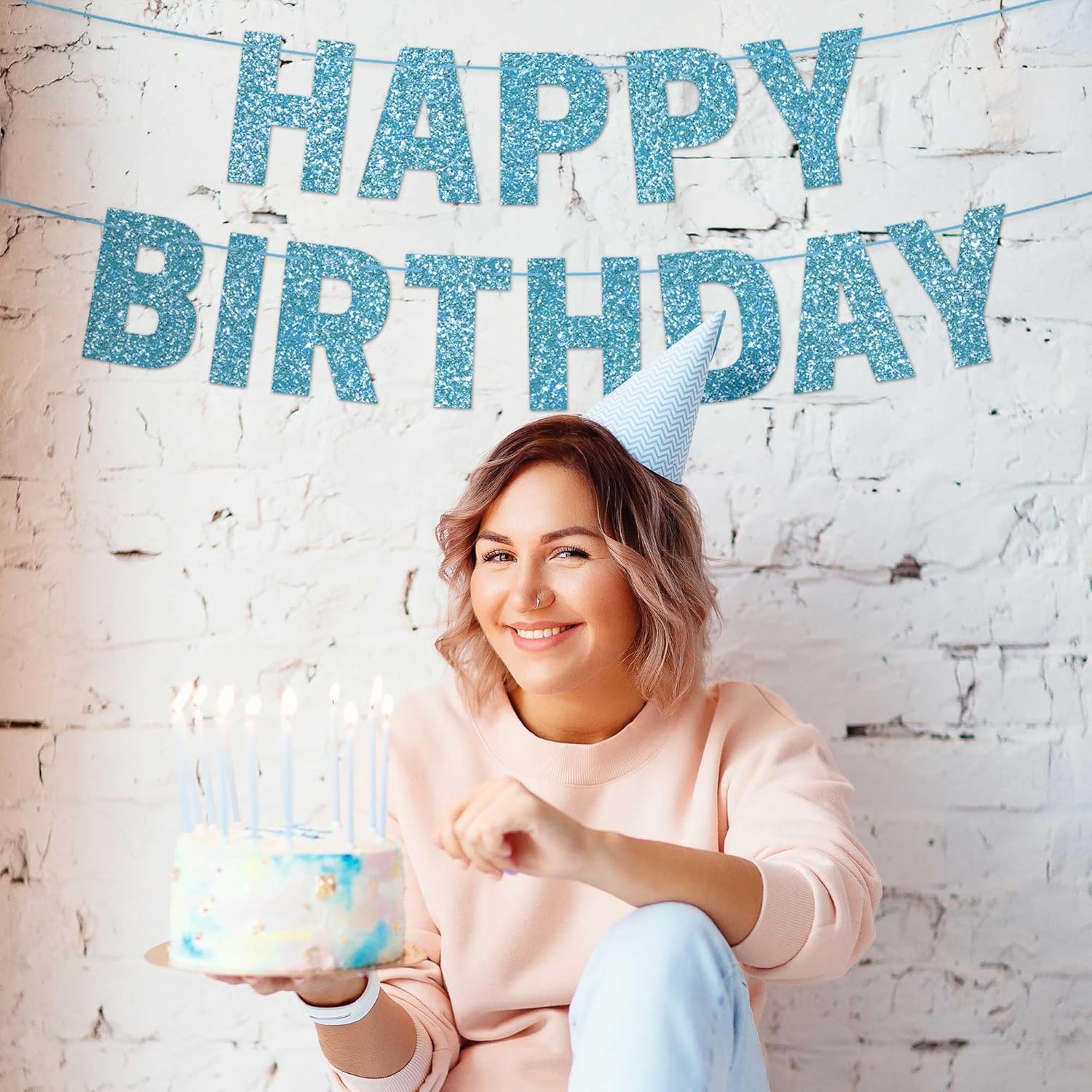 Light Blue Glitter Happy Birthday Banner - Pre-Strung