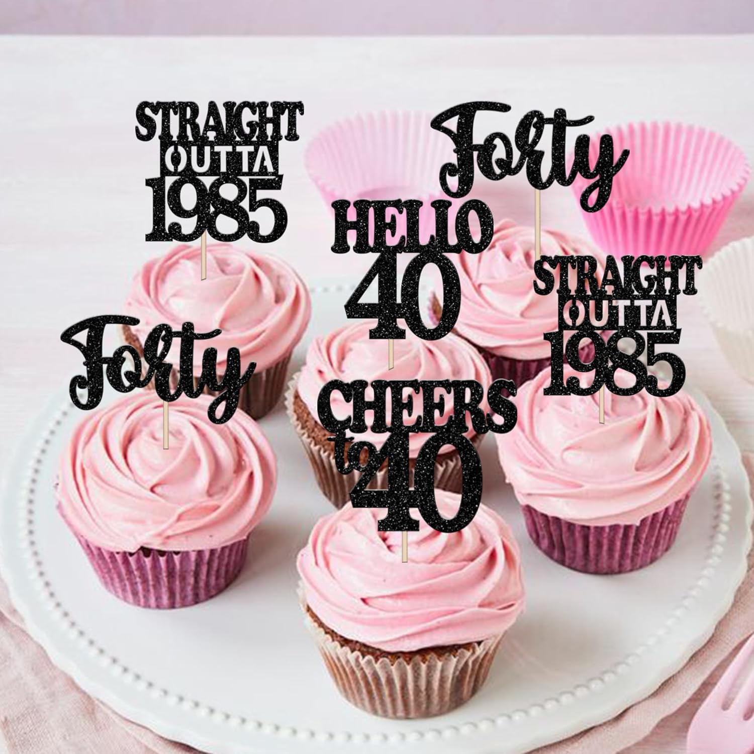 36PCS Happy 40th Birthday Cupcake Toppers Black Glitter