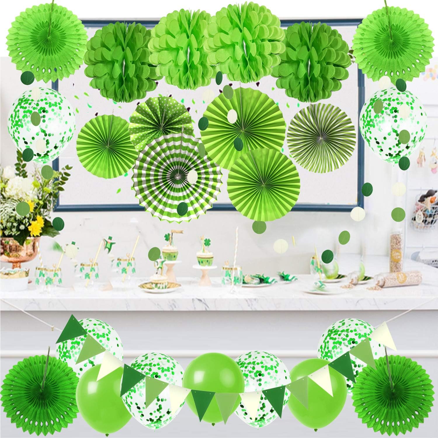 ZERODECO Green Confetti Balloons Fan Decor Set