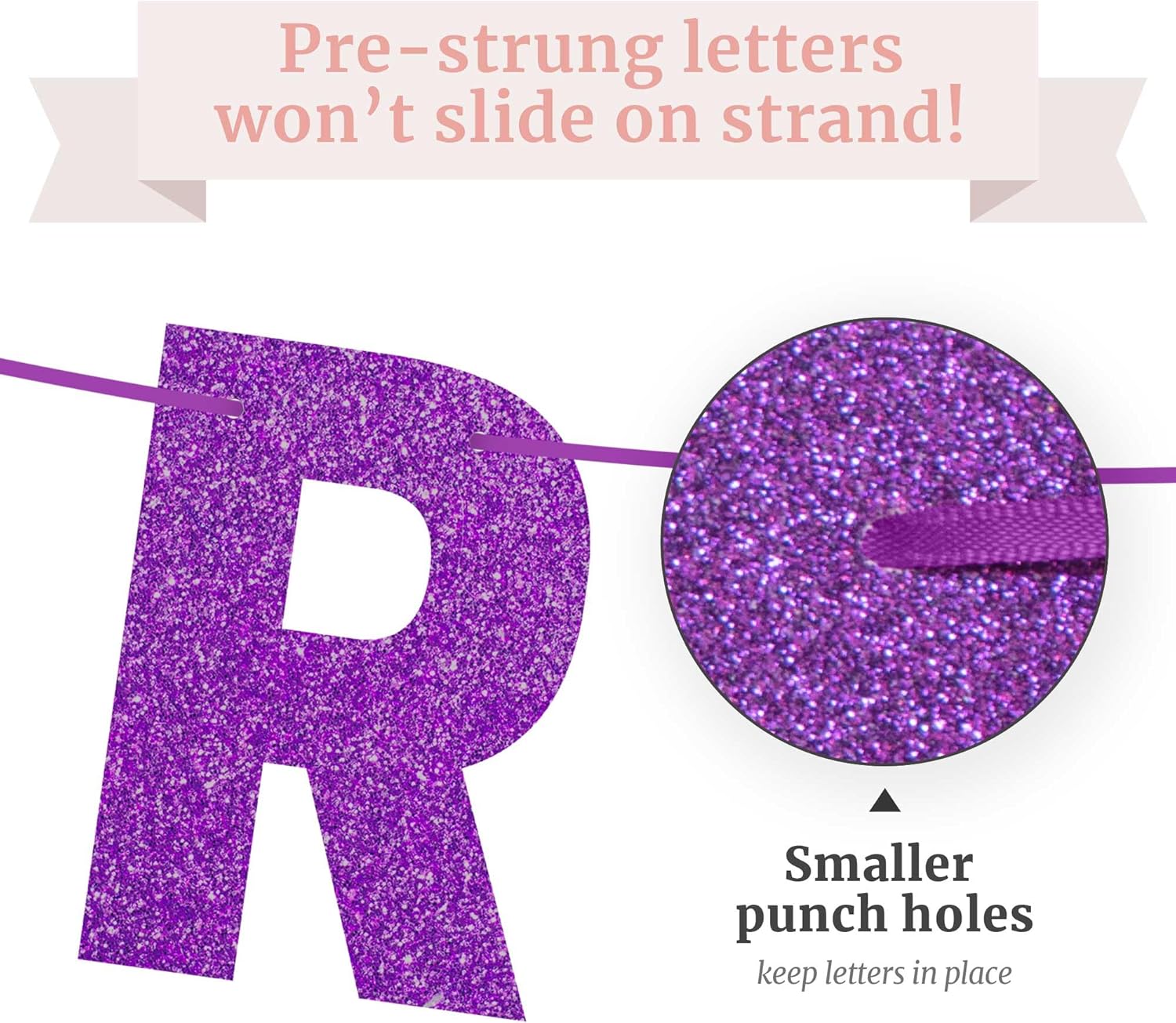 Pre-Strung Purple Glitter Happy Birthday Banner for Girls Women