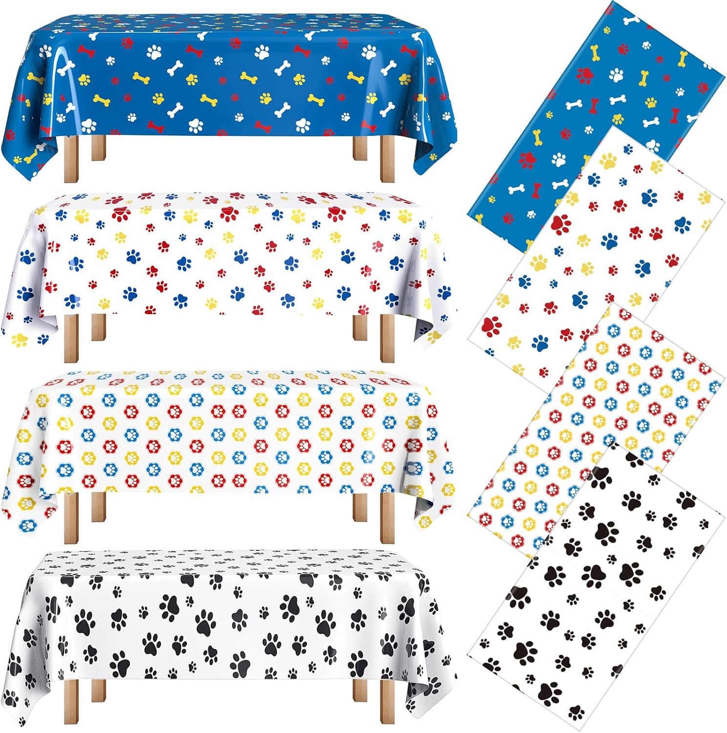 4 Pack Dog Paw Print Tablecloth Dark Blue Red Yellow 54x108 Inches