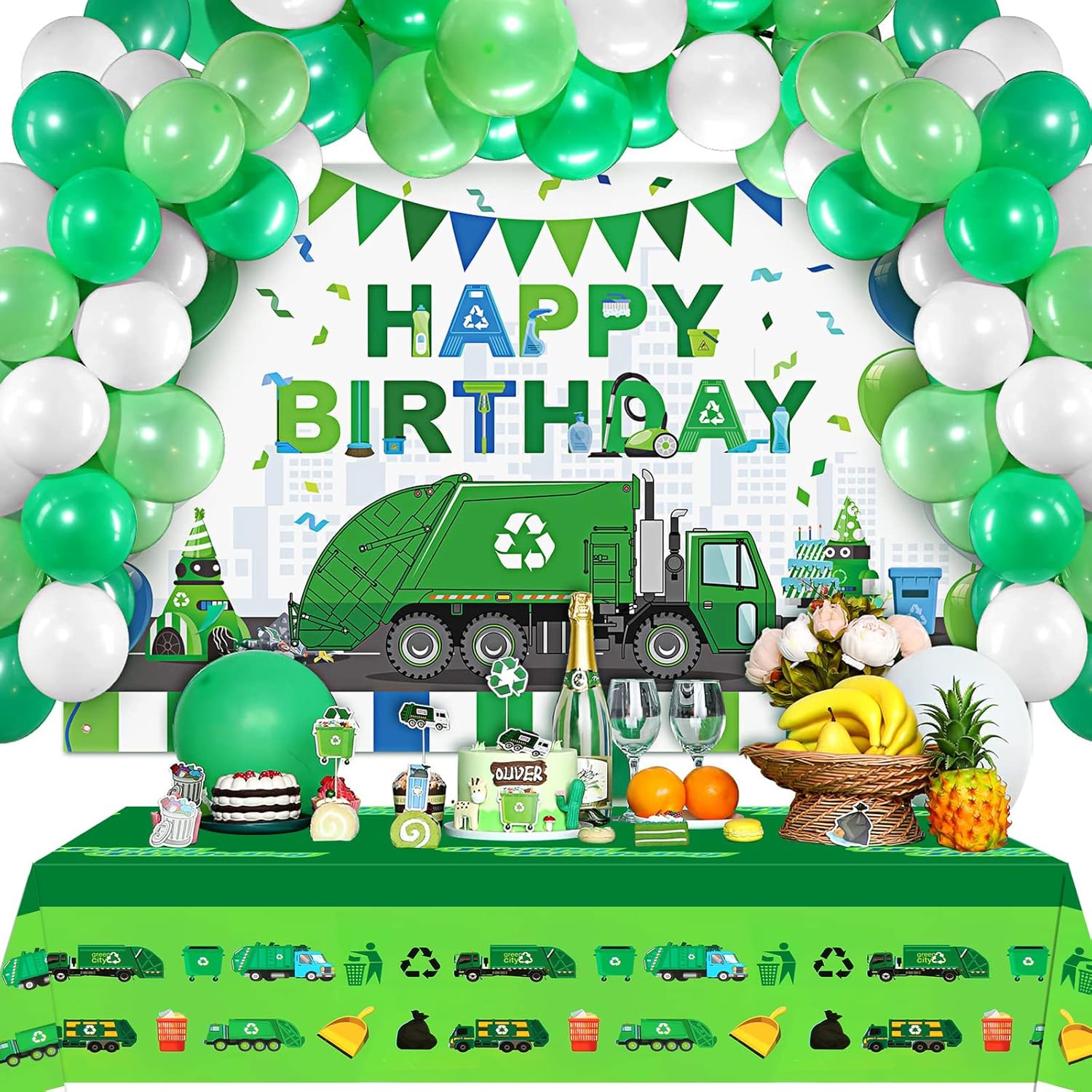 PHOGARY 2 Pack Garbage Truck Tablecloths for Birthday Party Supplies