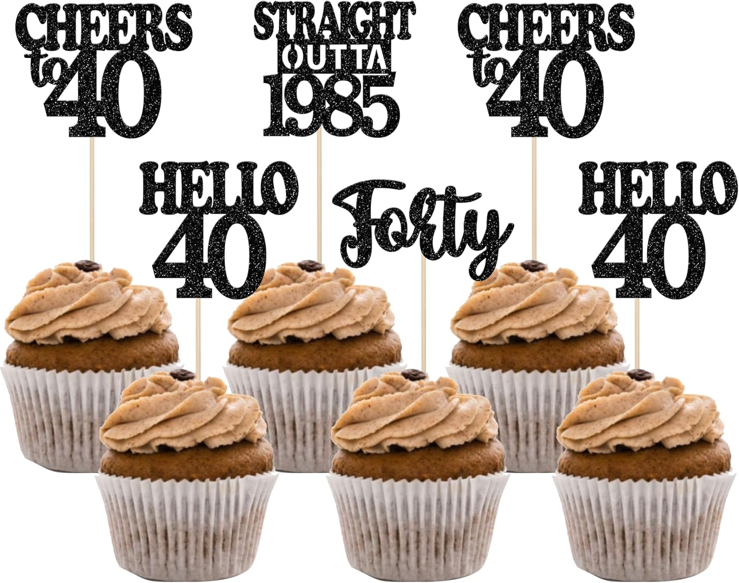 36PCS Happy 40th Birthday Cupcake Toppers Black Glitter