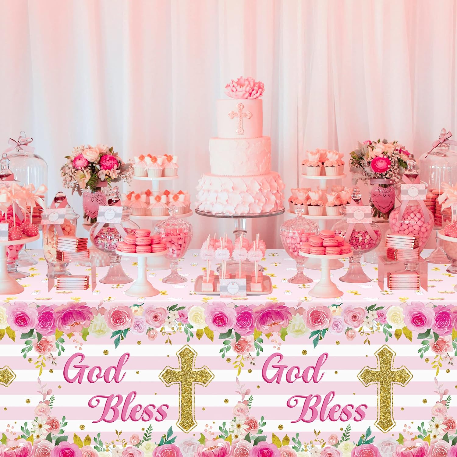 Baby Girl Baptism Tablecloths 3-Pack Pink Decor