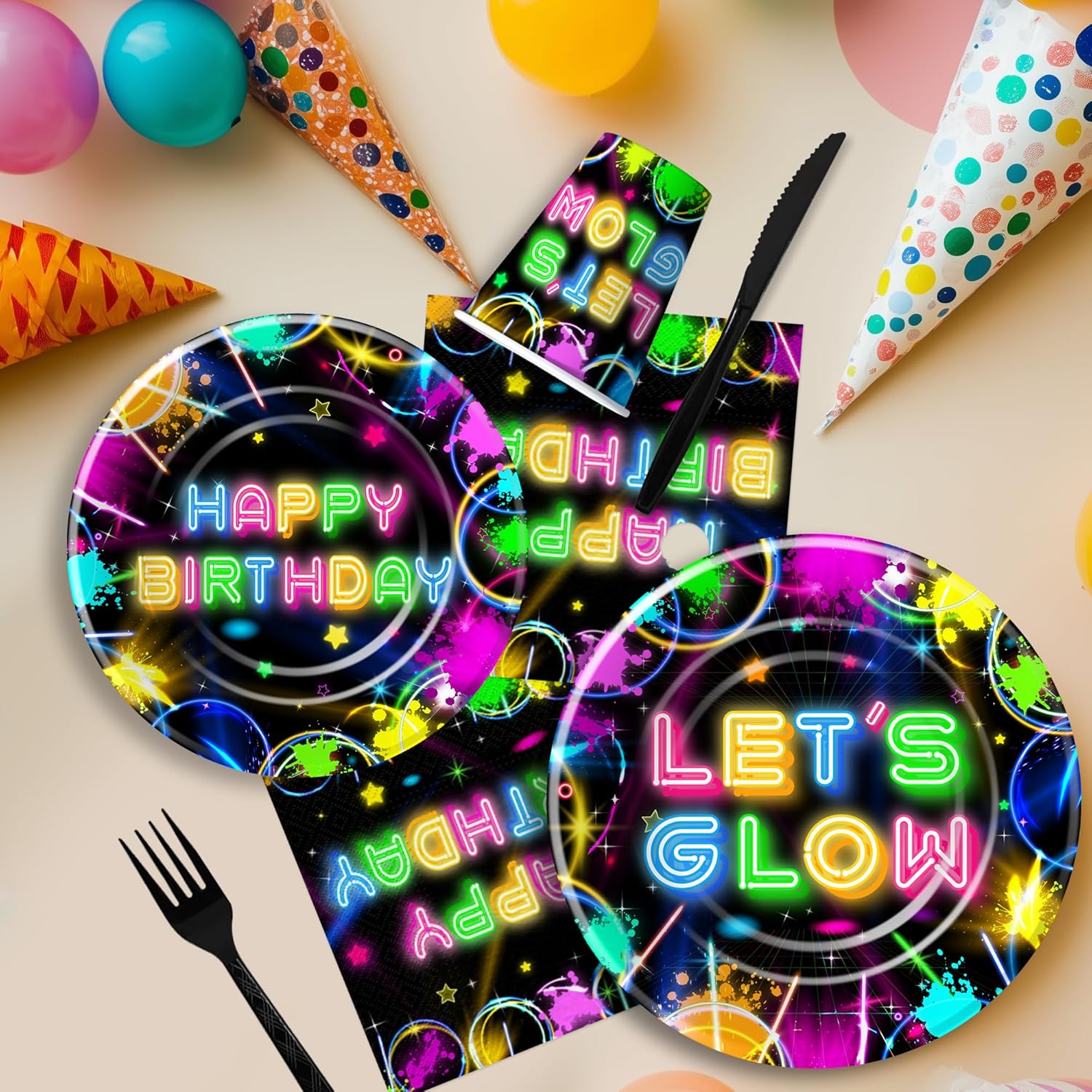 Neon Glow Birthday Party Decorations Set Serves 24