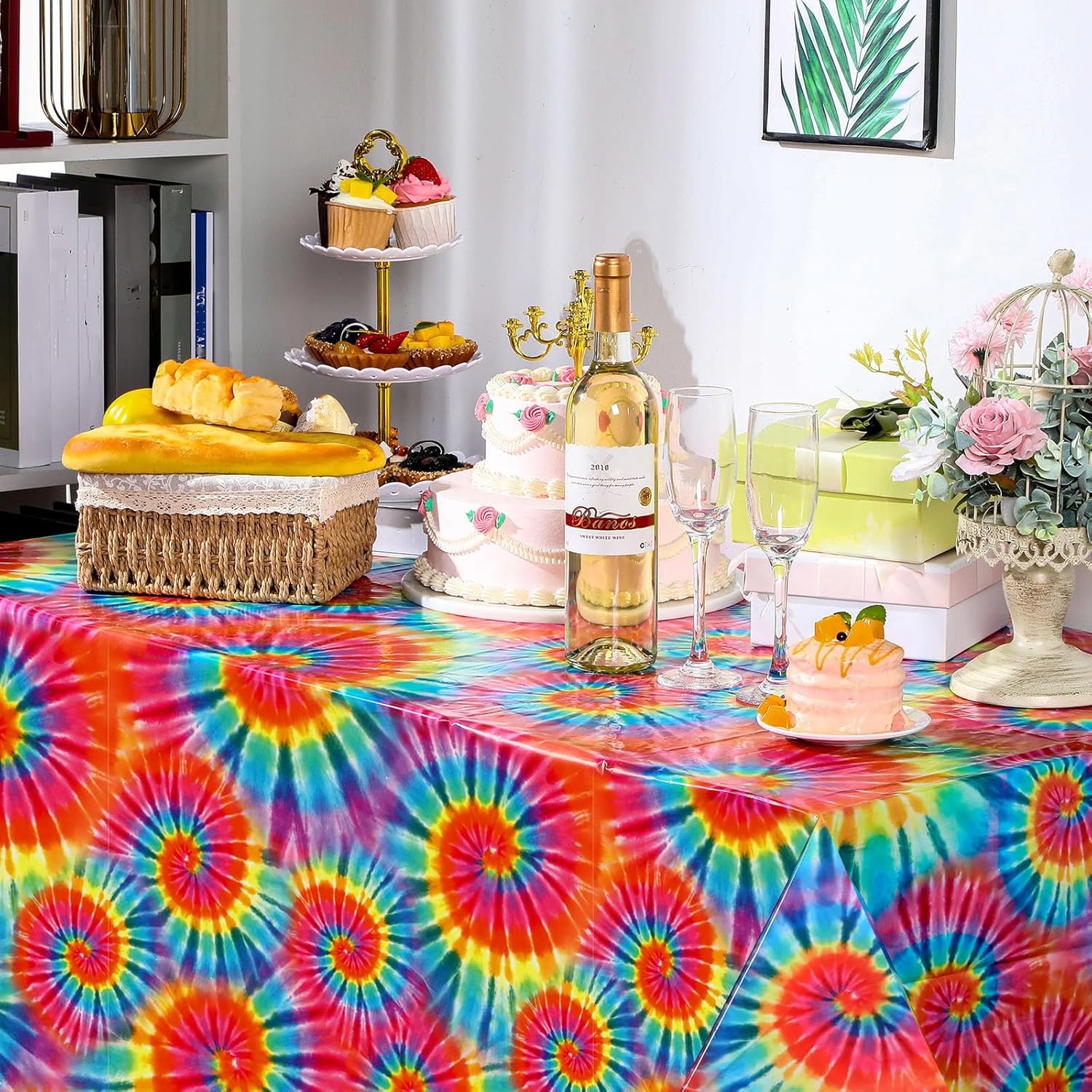 Newwiee Tie Dye Rainbow Tablecloth 54x108 Inch 3 Pcs