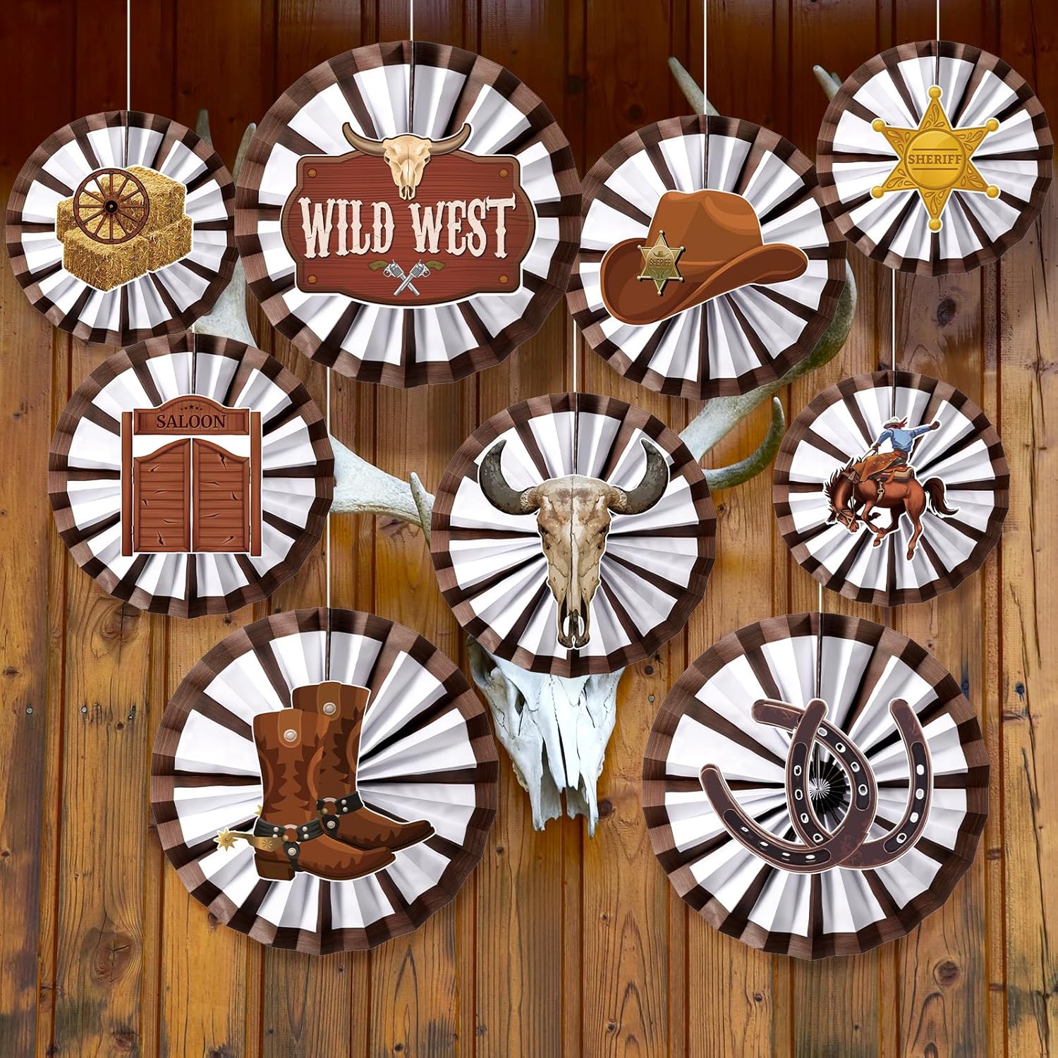 18 Pack Wild Western Decorations Fans and Wagon Wheels Set