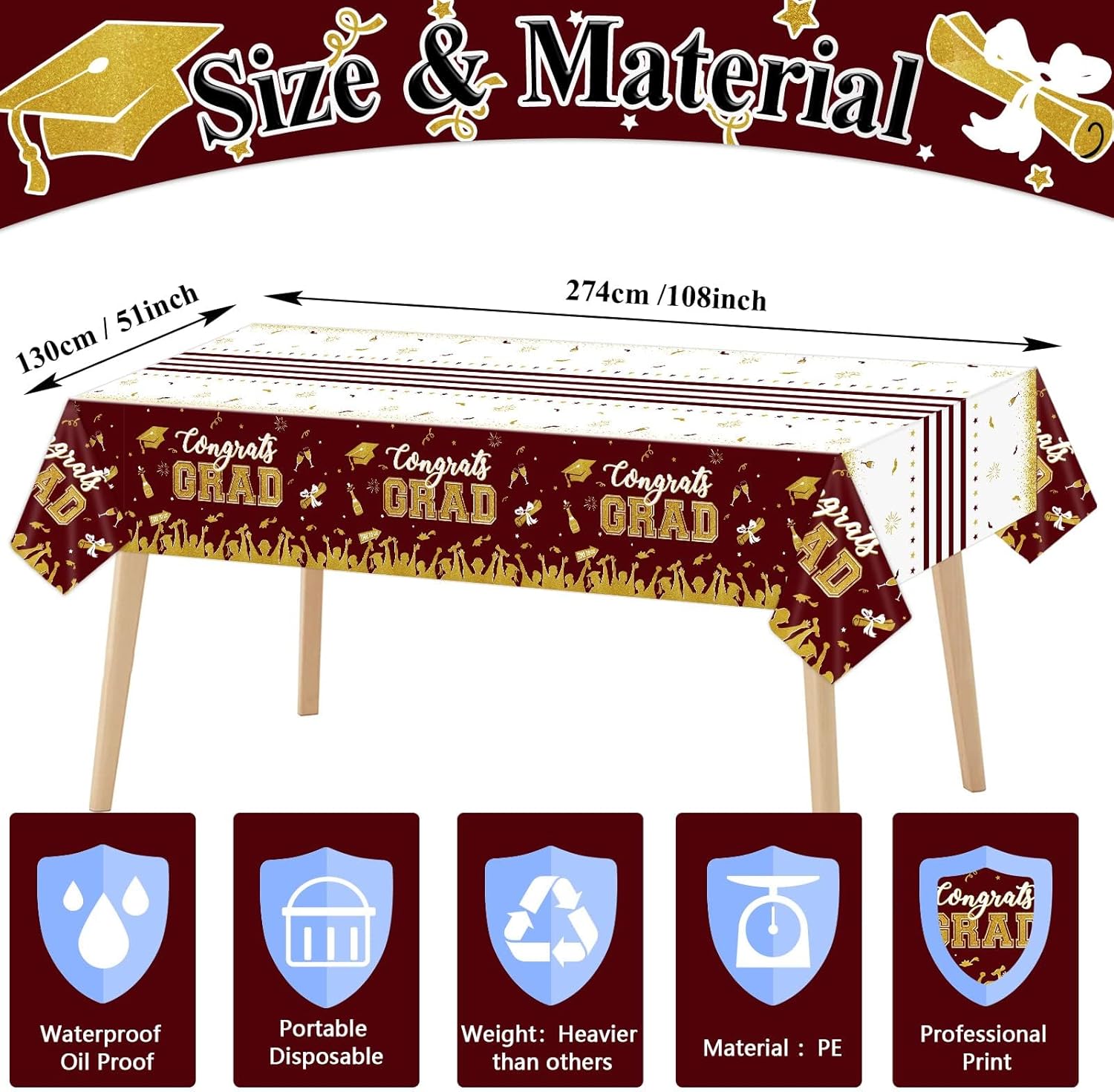 Chiazllta 3 Piece Graduation Tablecloth Set Maroon Gold