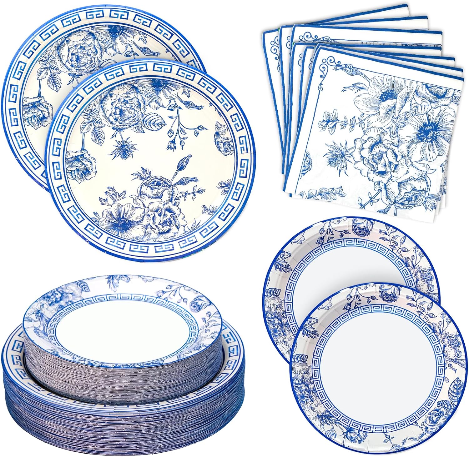 180PCS Blue White Floral Party Supplies Serve 60