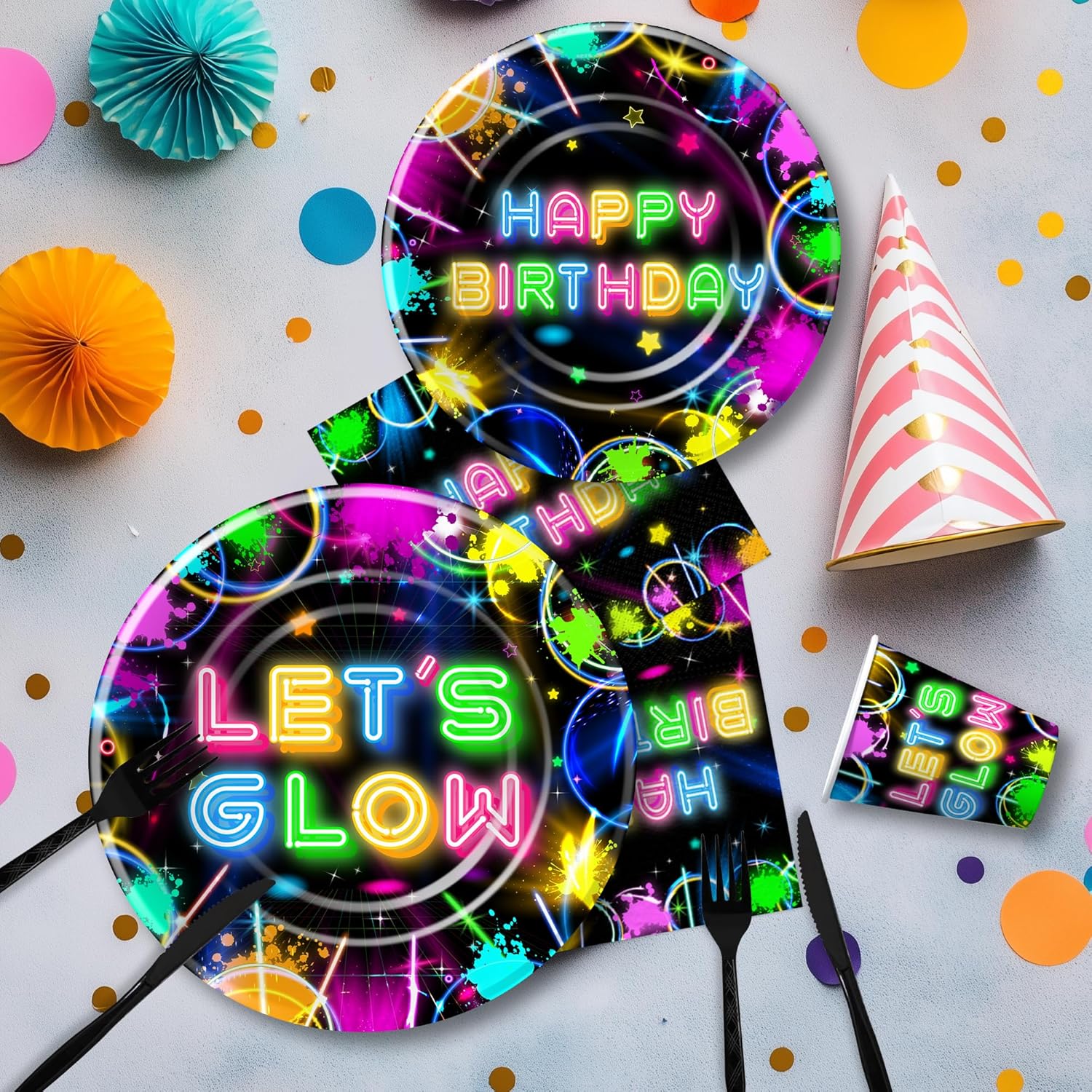 Neon Glow Birthday Party Decorations Set Serves 24