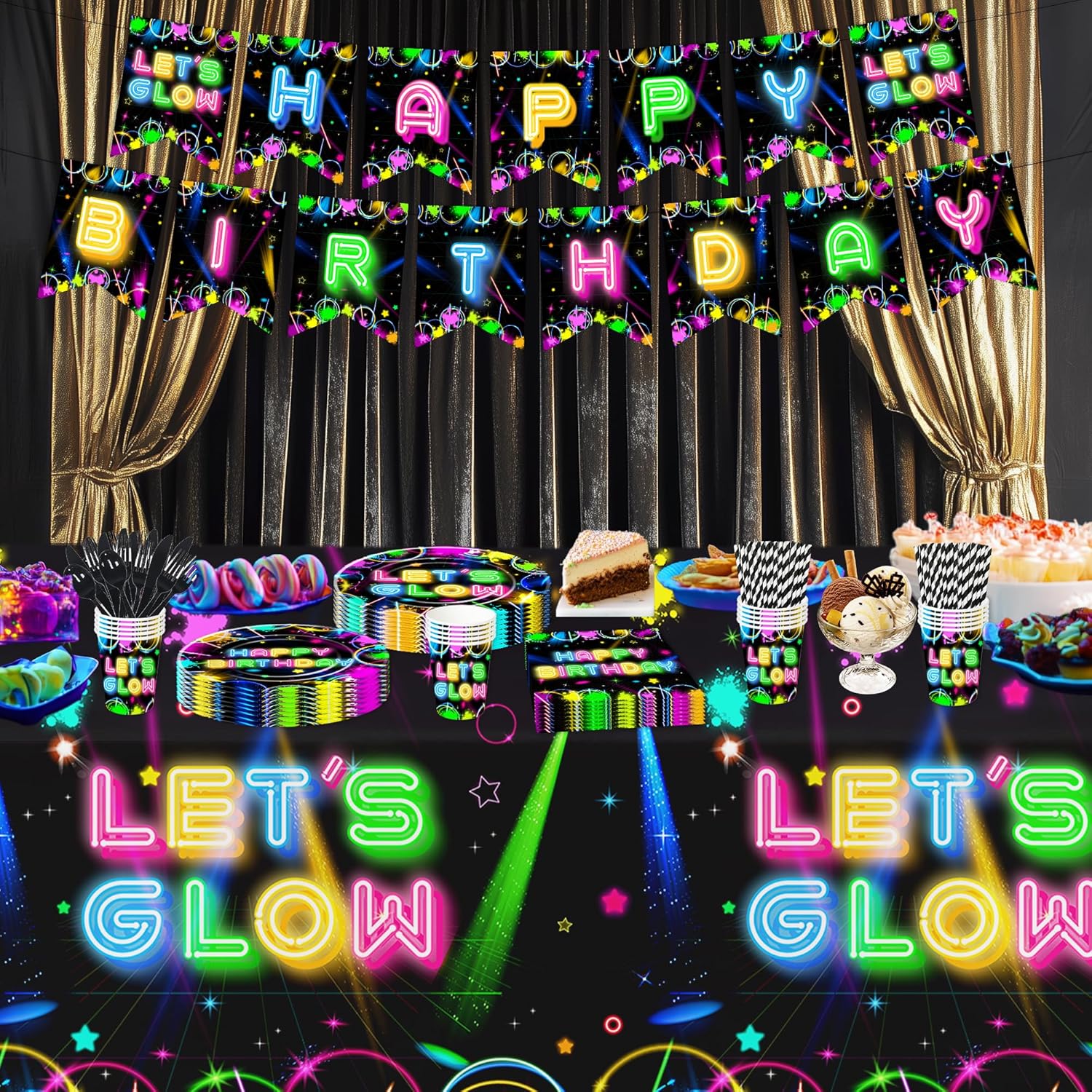 Neon Glow Birthday Party Decorations Set Serves 24