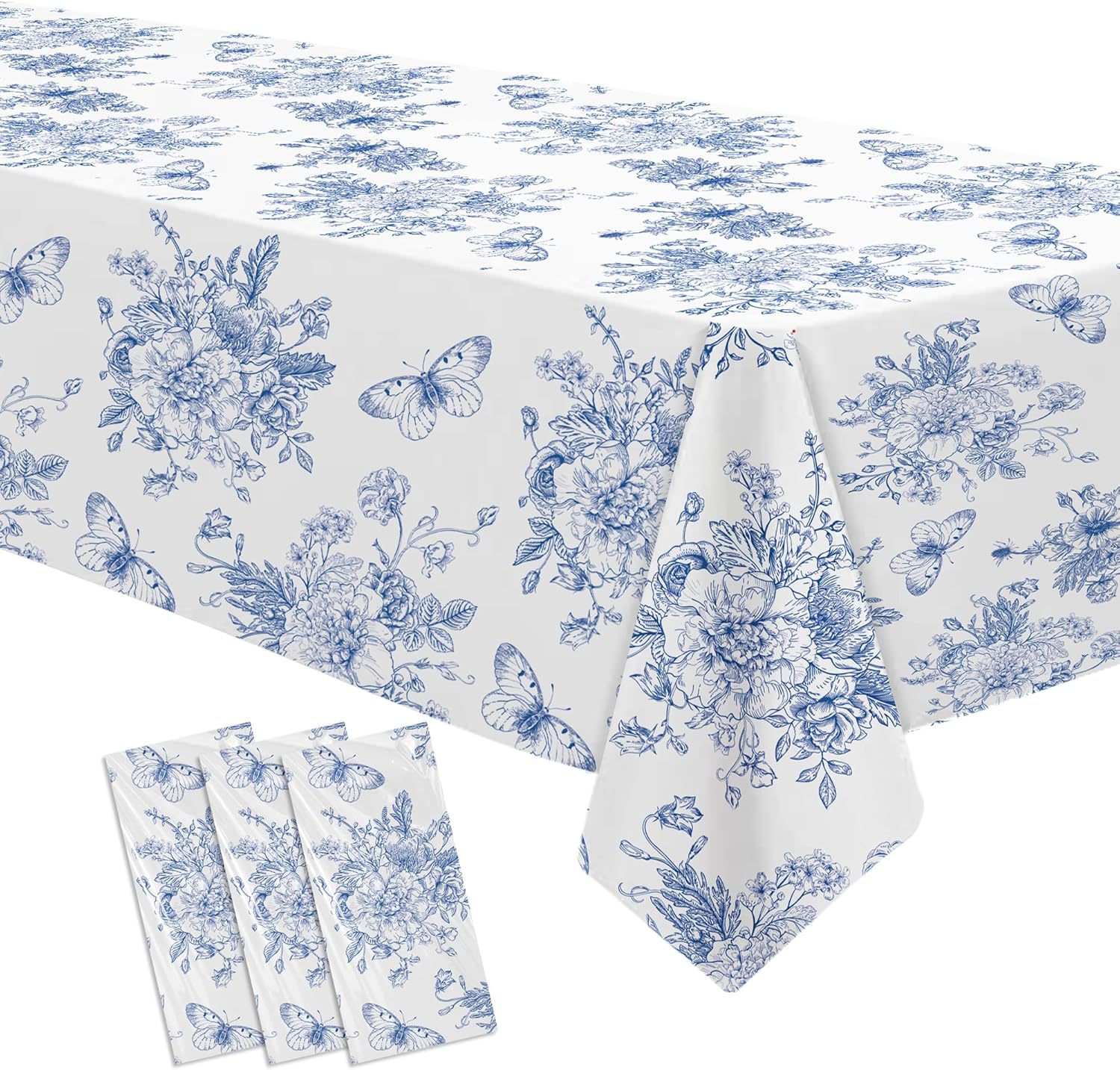 Blue and White Floral Tablecloths 3pcs Disposable Party Decorations
