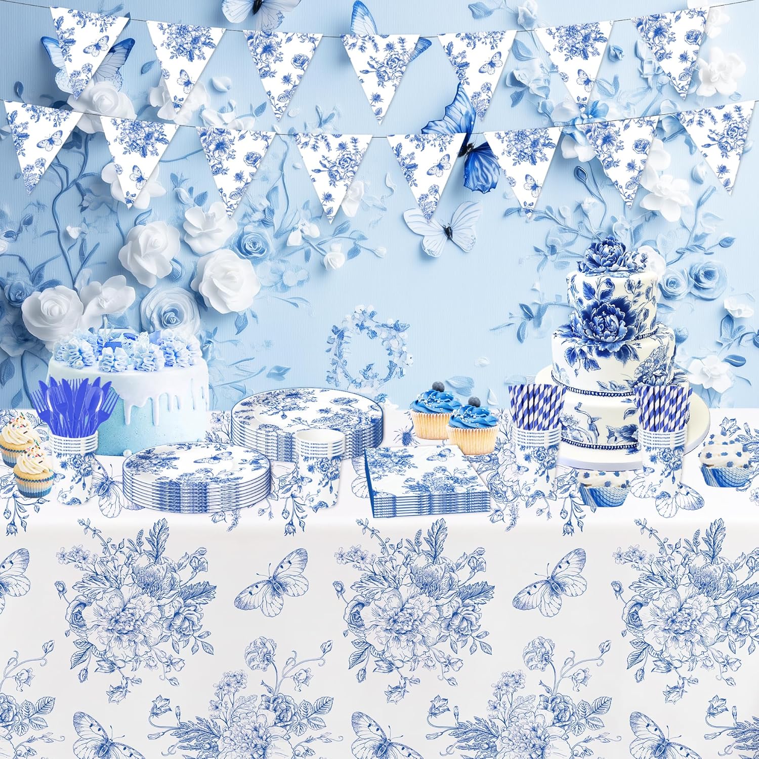 Blue and White Floral Tablecloths 3pcs Disposable Party Decorations