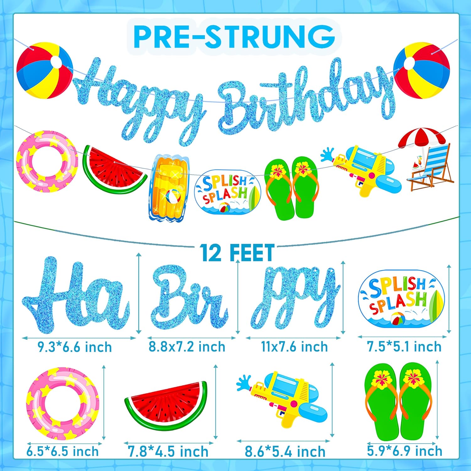 Glitter Blue Pool Birthday Banners with Cutouts