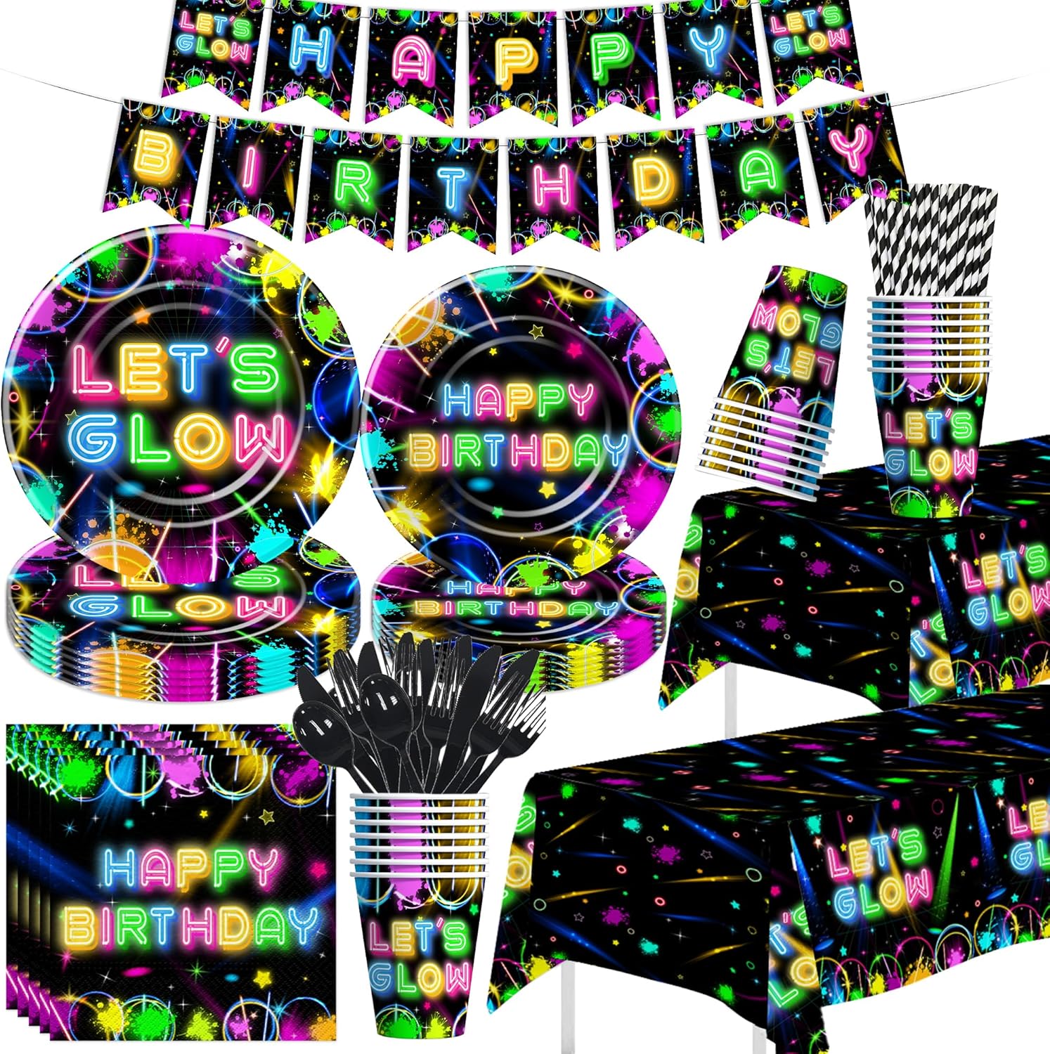 Neon Glow Birthday Party Decorations Set Serves 24