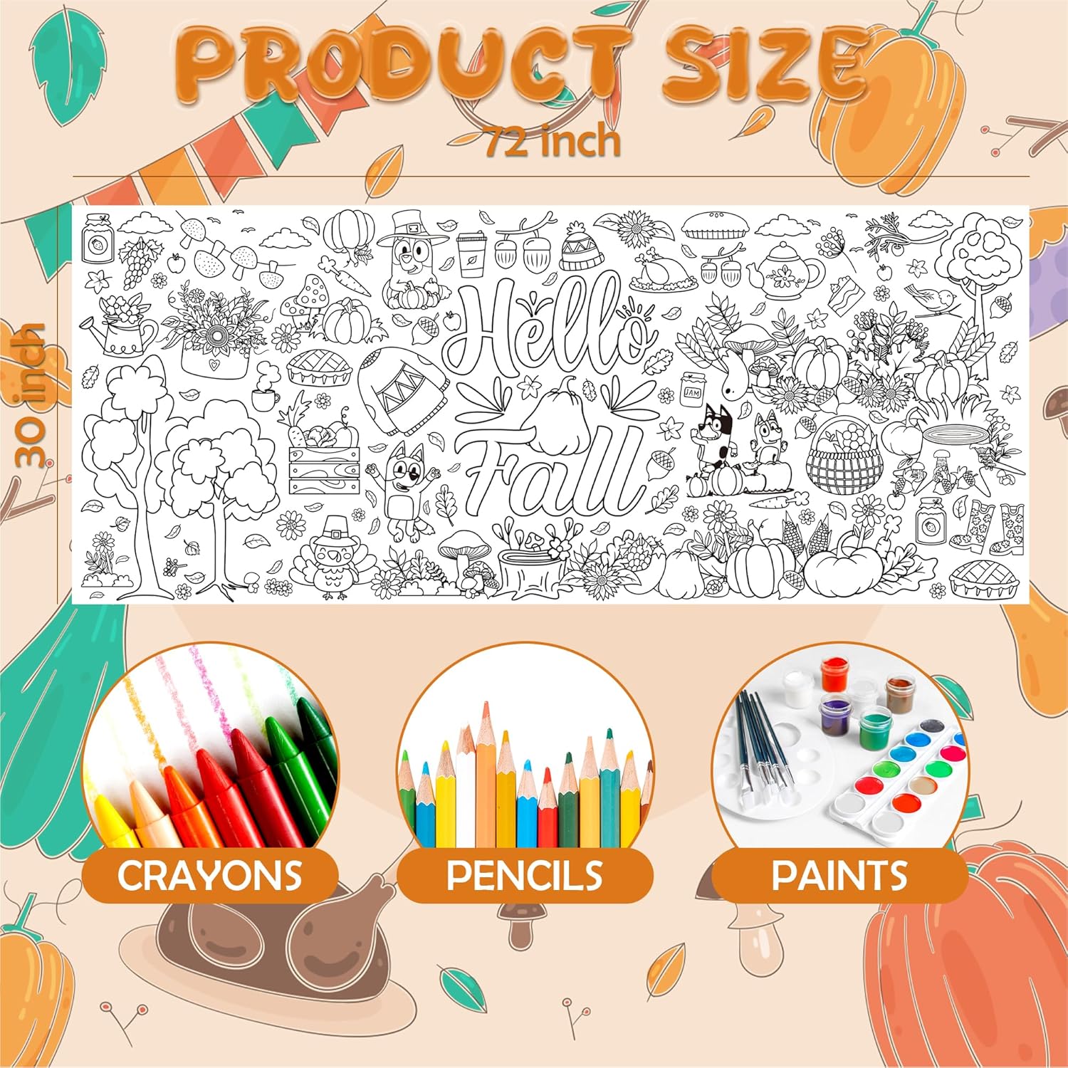 Fall Giant Coloring Poster Tablecloth 30x72 Inches