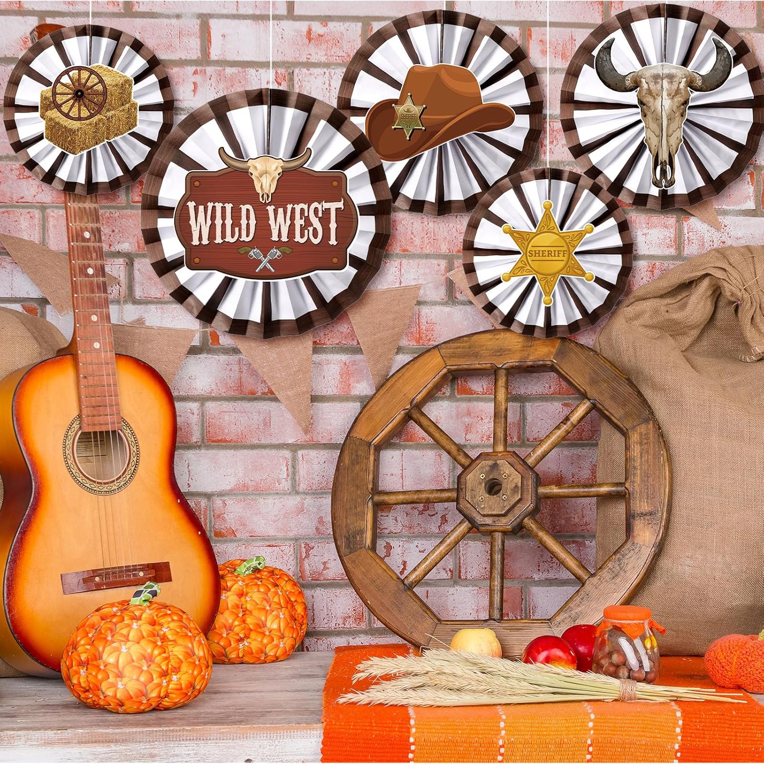 18 Pack Wild Western Decorations Fans and Wagon Wheels Set
