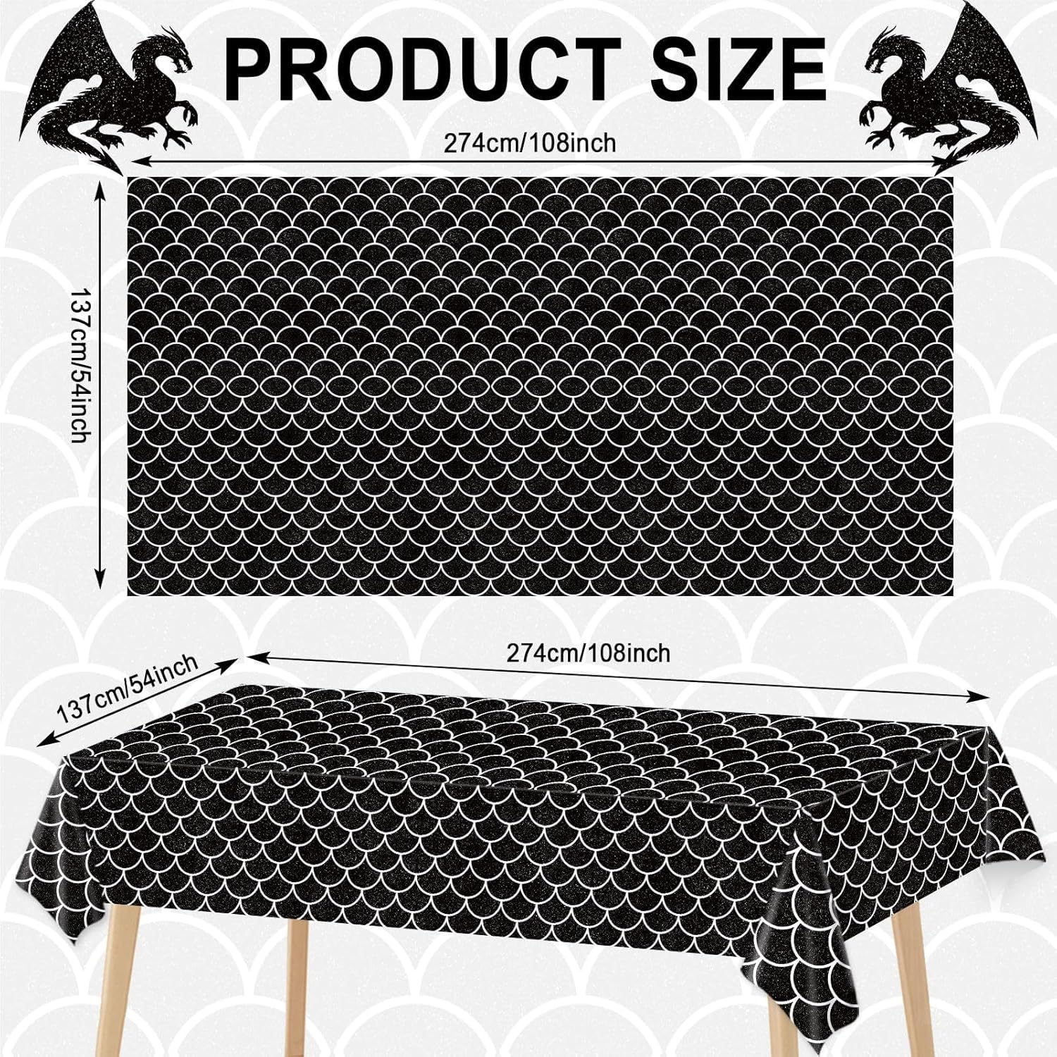 3 Pack Black Dragon Tablecloth for Birthday Party Decorations