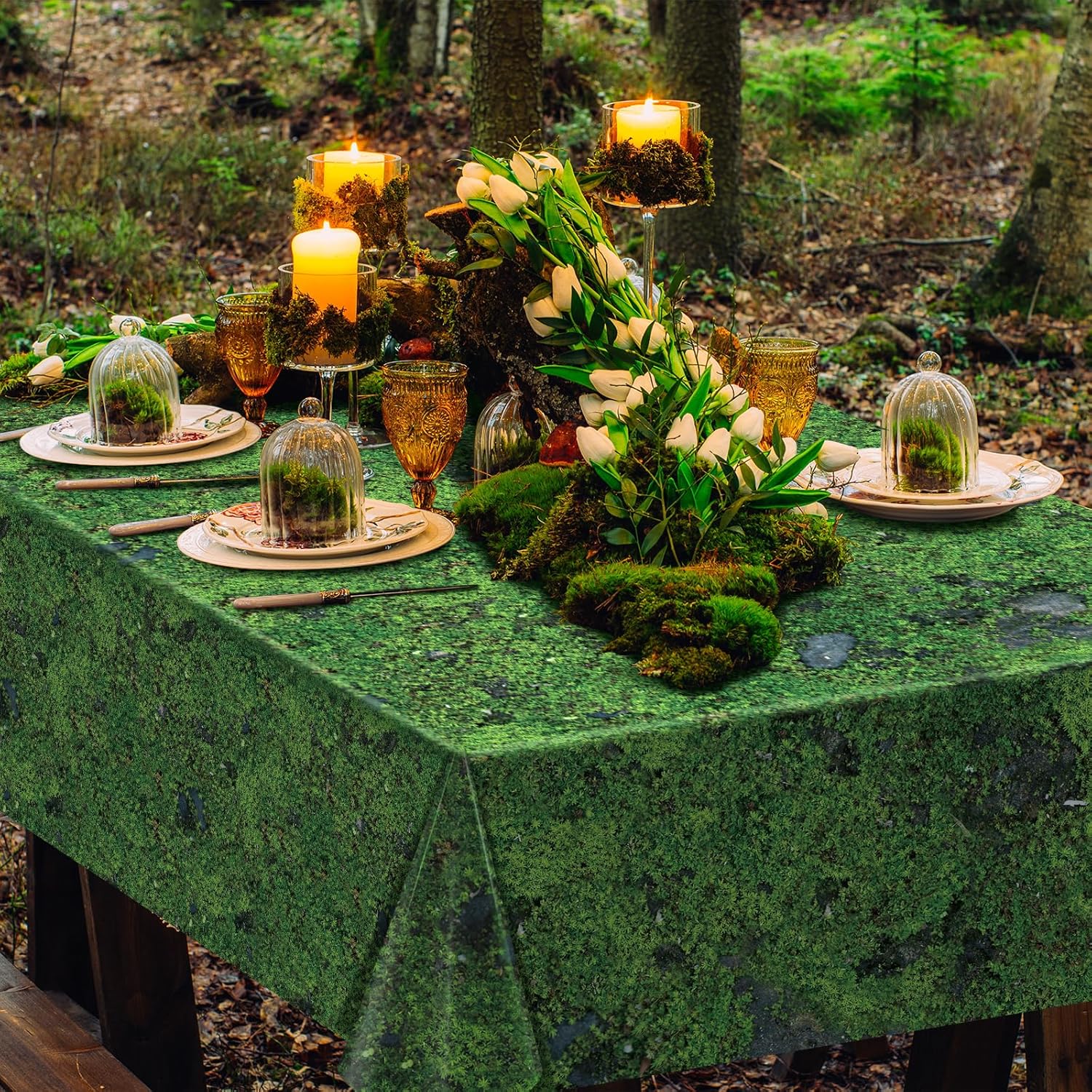3Pcs Green Moss Print Tablecloths for Picnic and Forest Party